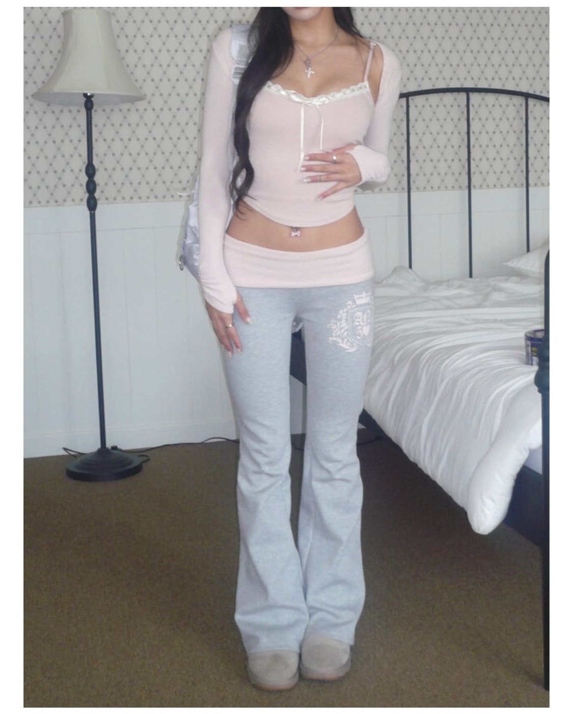 엔젤넘버555 부츠컷 폴디드 팬츠 바지 그레이 핑크 베이비메탈클럽 상품이미지1