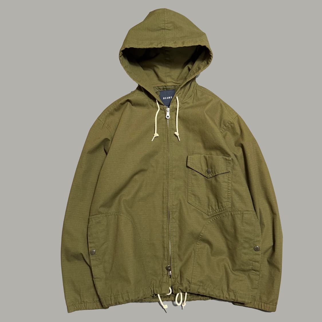 빔즈(BEAMS) 다크 카키컬러 립스탑 코튼 집업 후드 자켓 상품이미지5