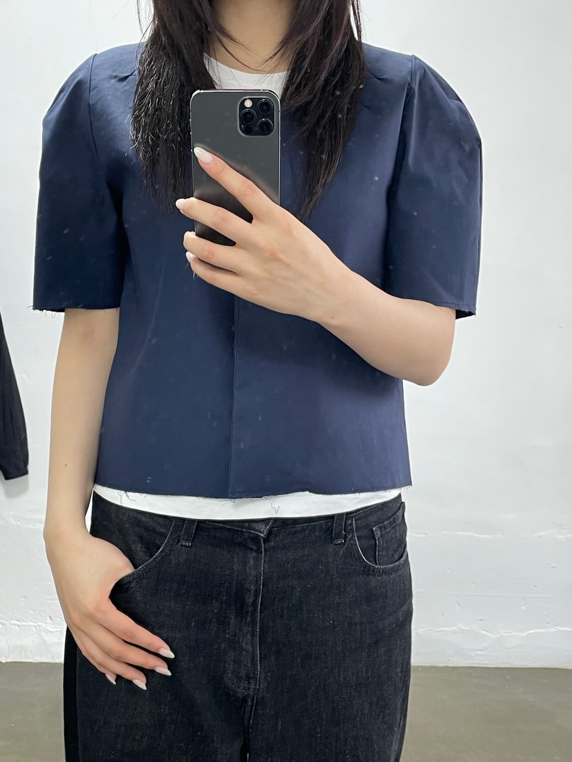 RECTO 네이비 퍼프 반팔 블라우스 상품이미지1