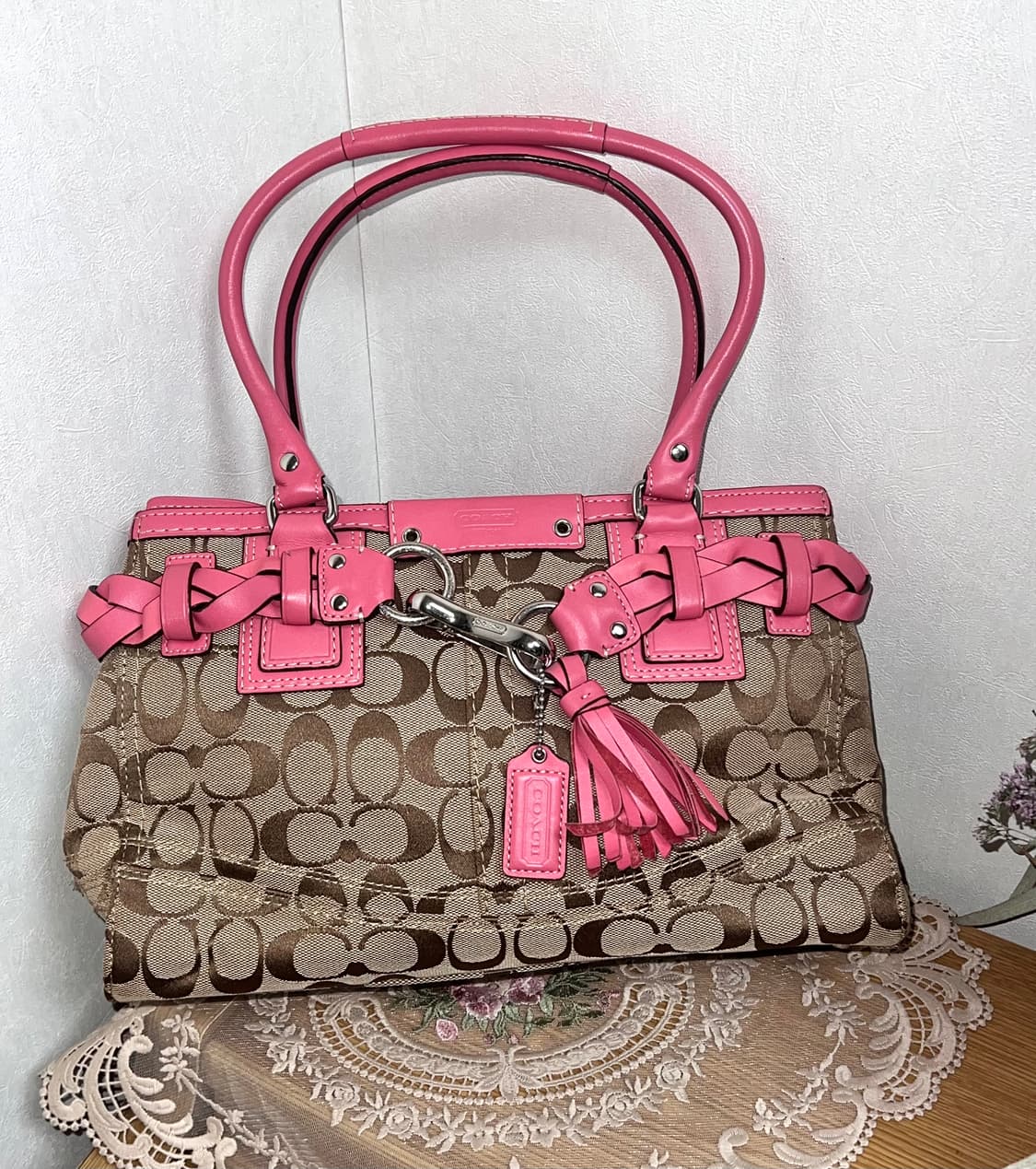 90s coach 햄튼 시그니처 캔버스 레더 브레이드 핑크 사첼백 상품이미지1