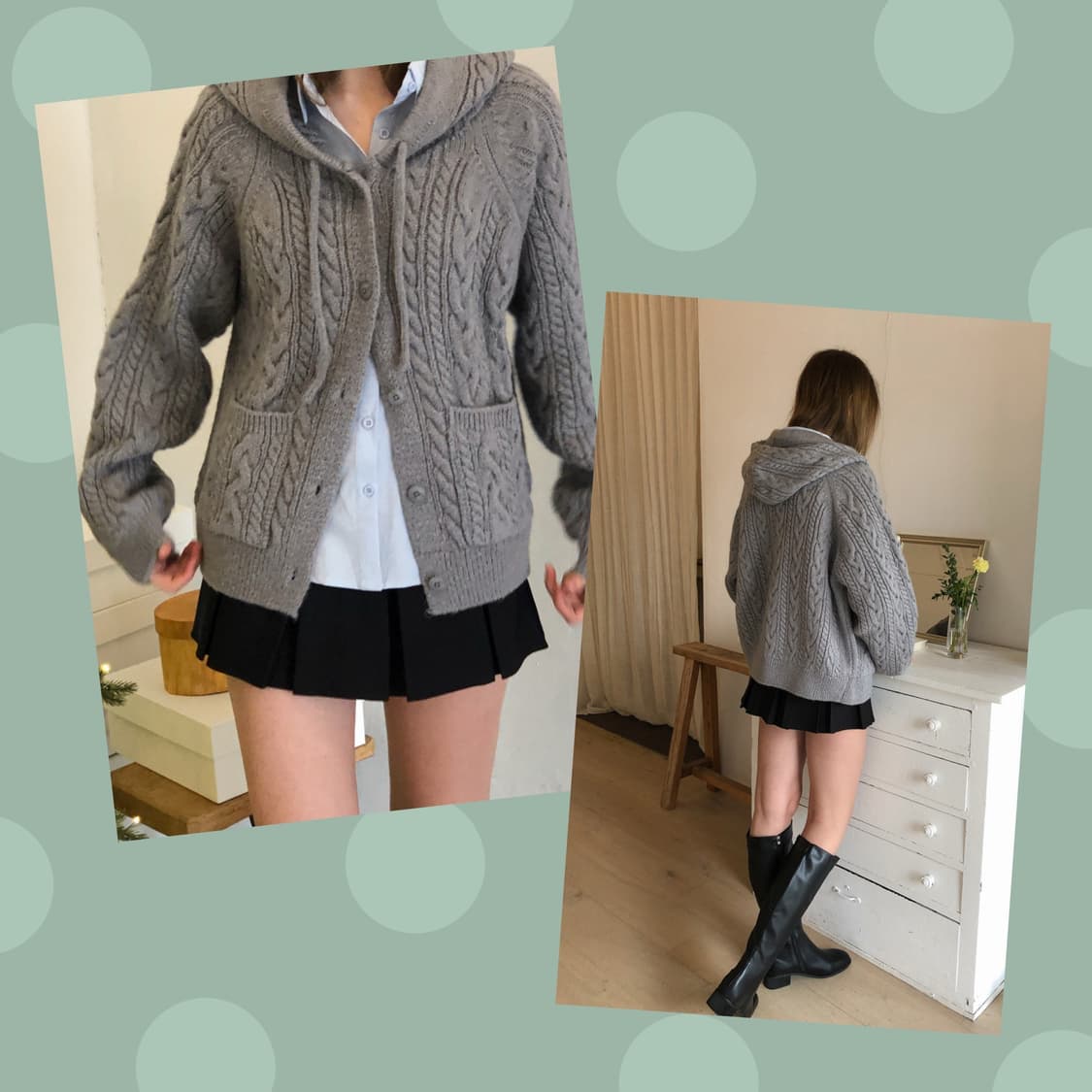 리리수 케이블 니트 그레이 후드 가디건 상품이미지4