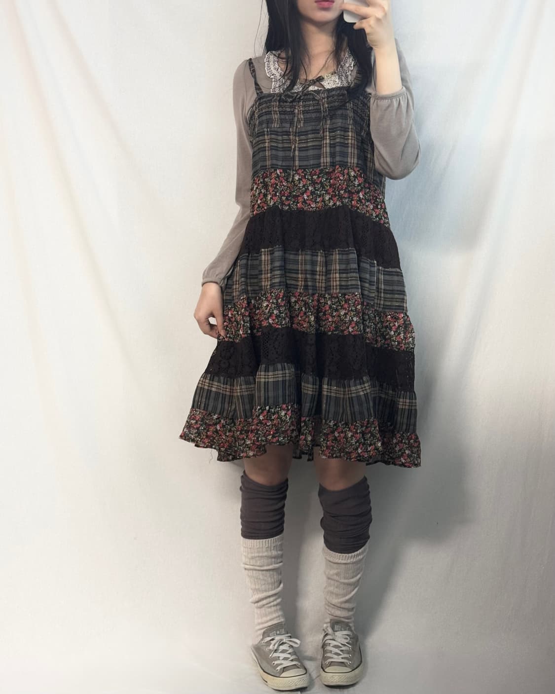 하프 버튼 가디건 리본 레이어드 패치 워크 원피스 3pcs SET 상품이미지3