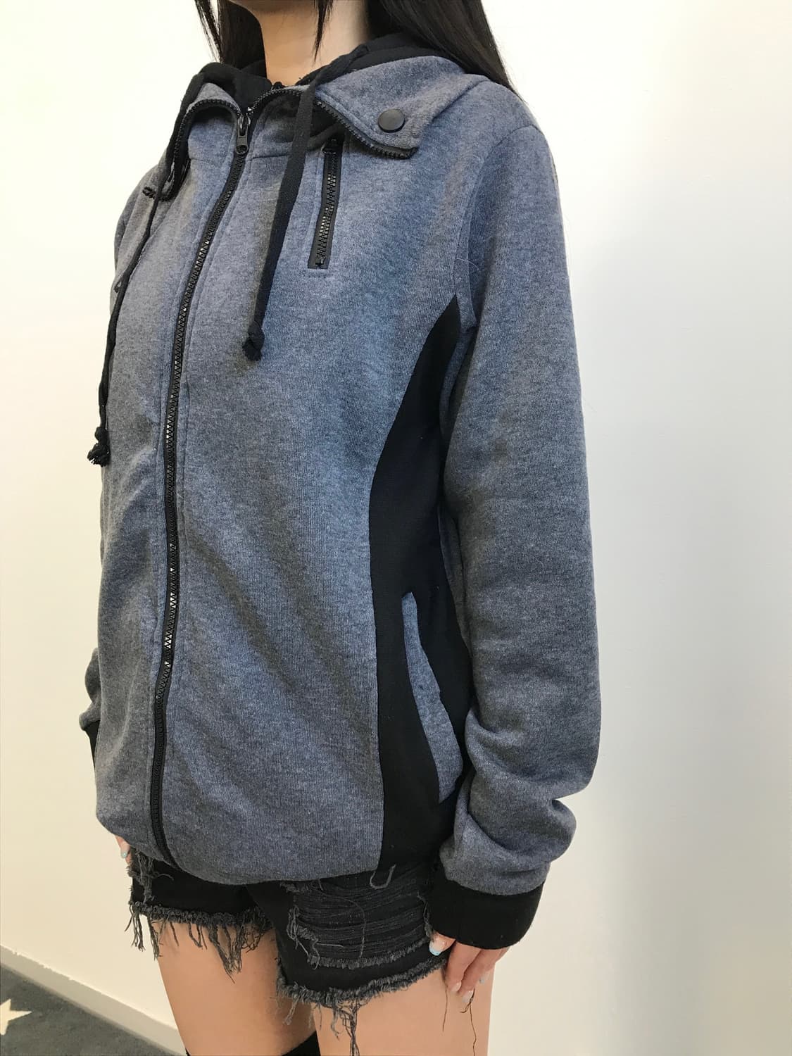 Jpn Y2k High-Neck Layered Zip-Up Hoodie 상품이미지4