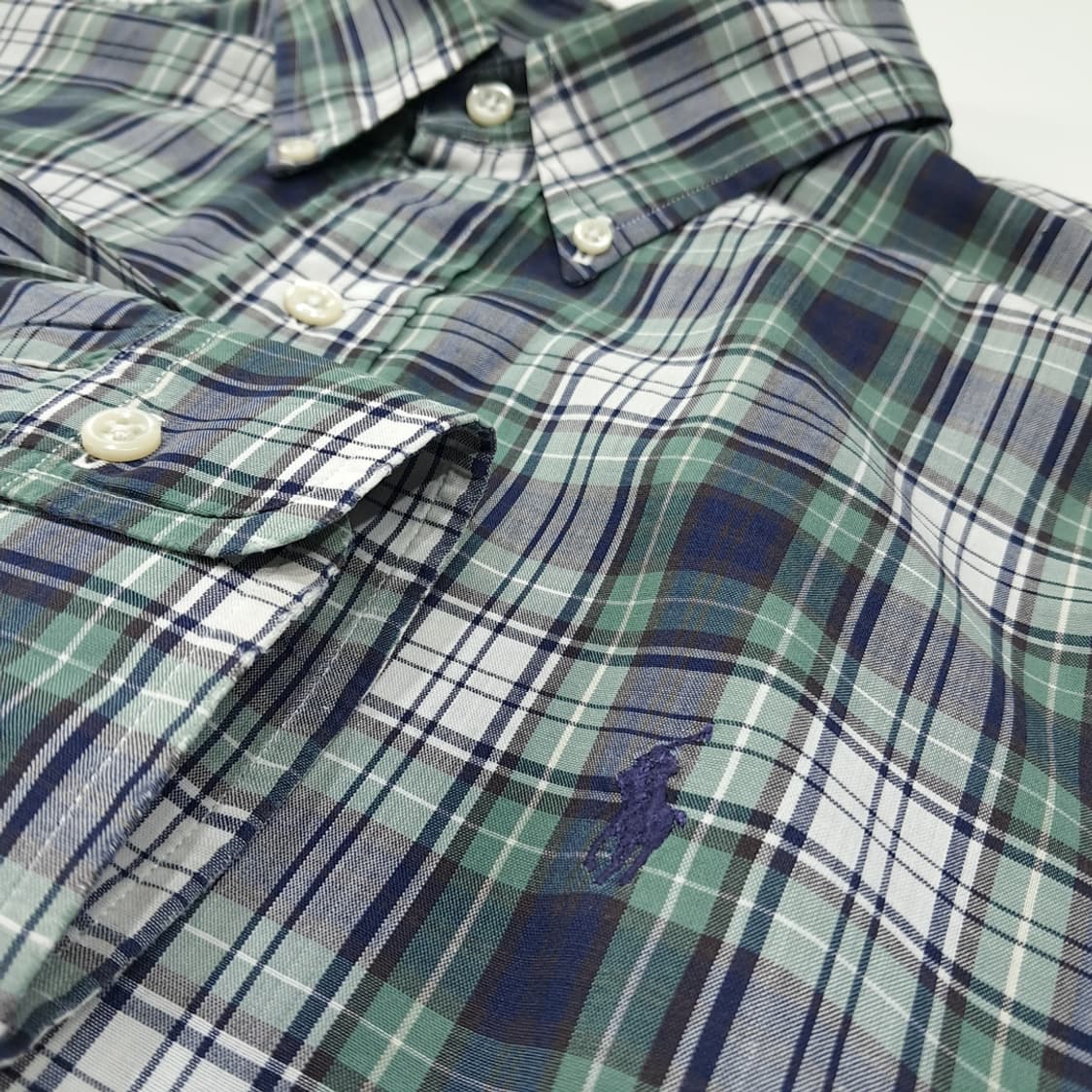 CL707 XL 폴로 90s 말레이시아판 코튼 타탄체크 그린 셔츠 남방 상품이미지4