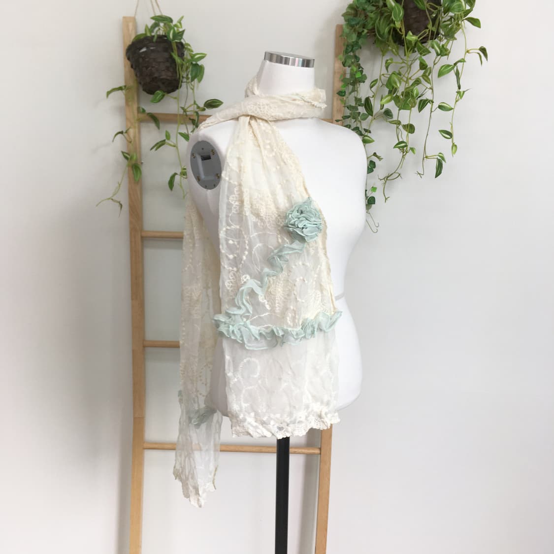 JPN/ 오리엔탈스카프 모리걸스카프 레이스 숄 아이보리 민트 장식  상품이미지9