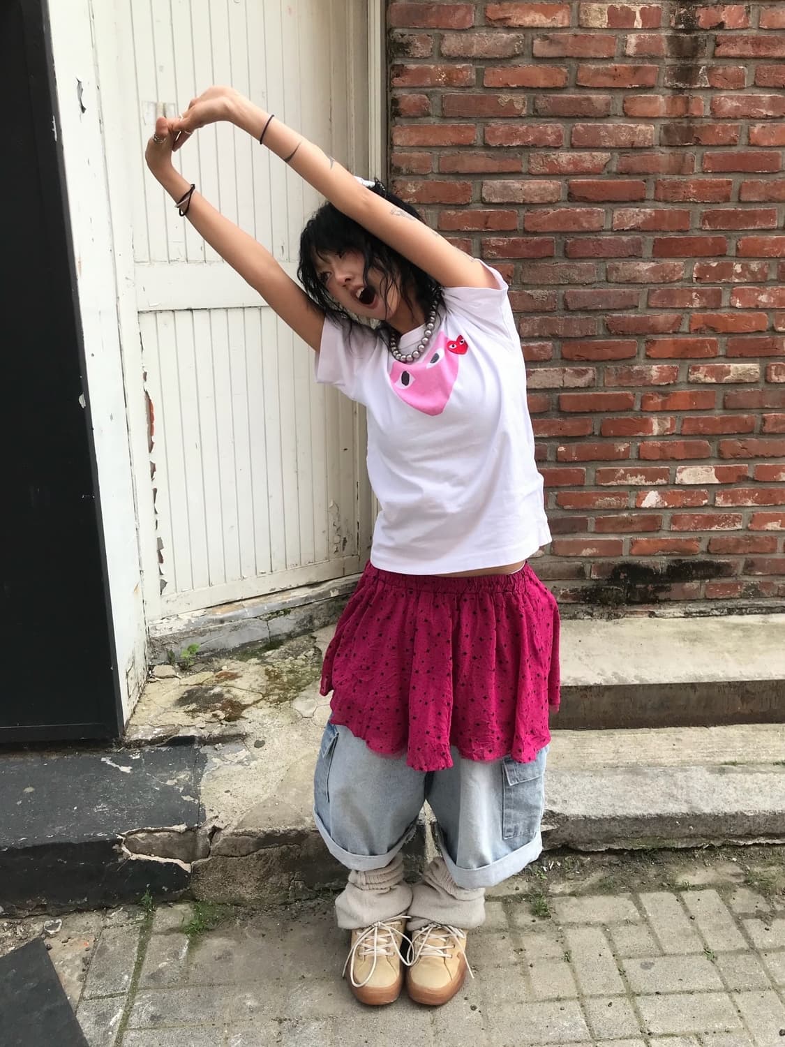 꼼데가르송 더블하트 핑크&레드 반팔 티셔츠 상품이미지2