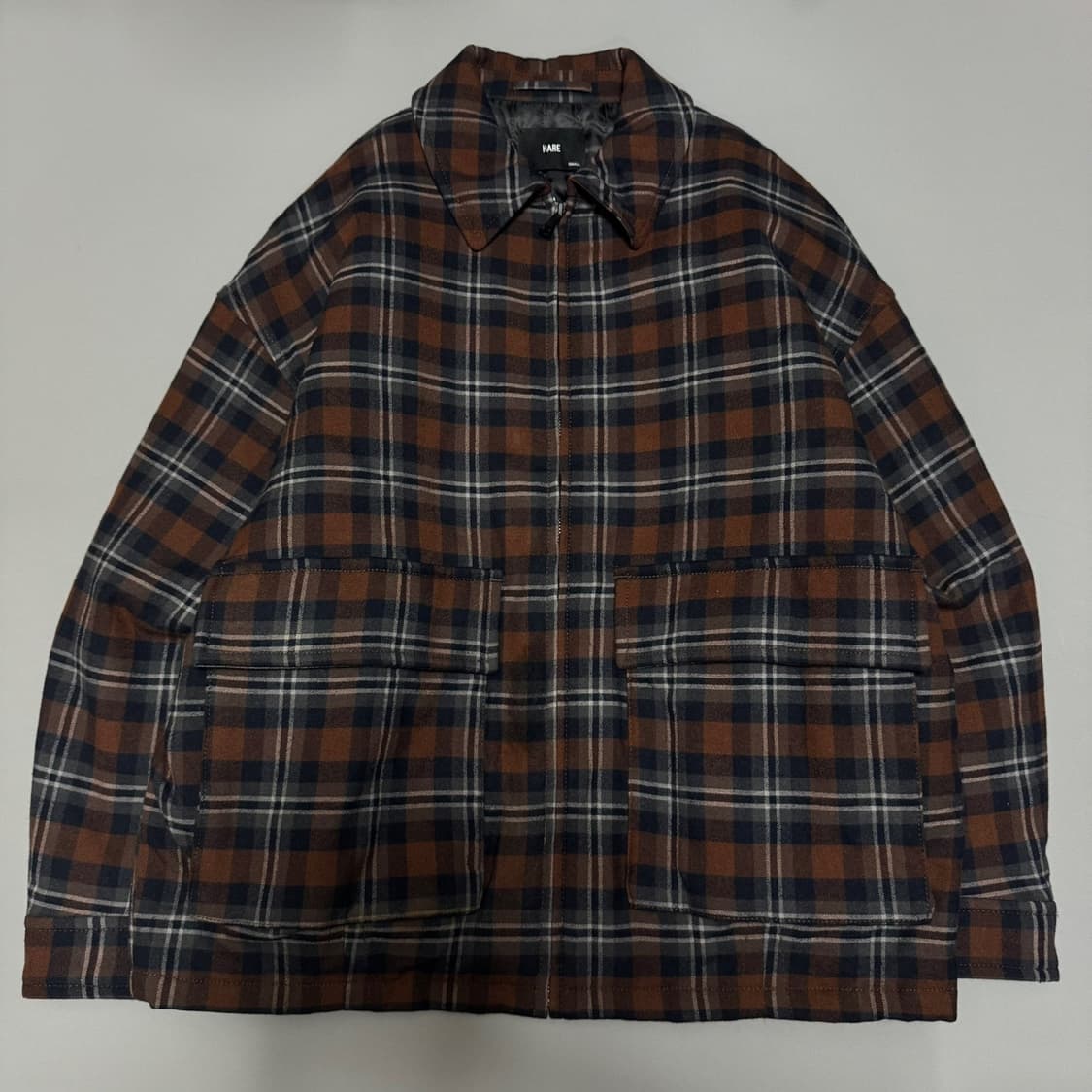 HARE 브라운컬러 체크 패턴 울 혼방 집업 블루종 자켓 상품이미지5