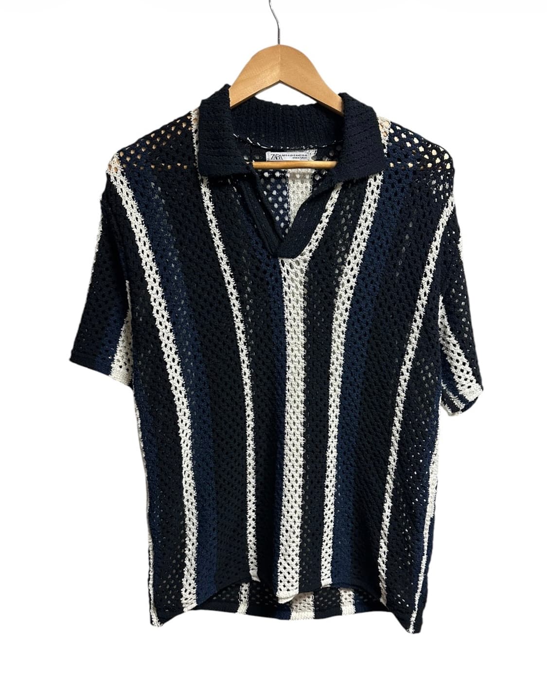 자라(ZARA) 스트라이프 니트 반팔 크로쉐 카라 반팔티셔츠 상품이미지1