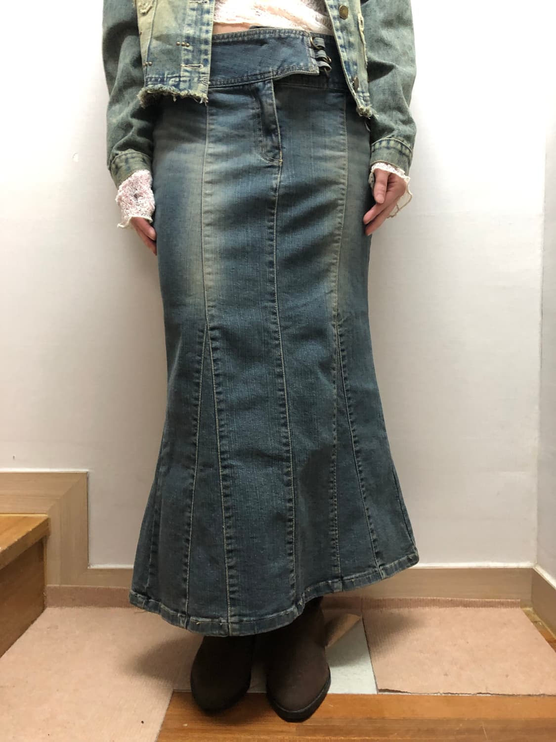빈티지 데님 워싱 벨티드 롱 스커트 상품이미지1