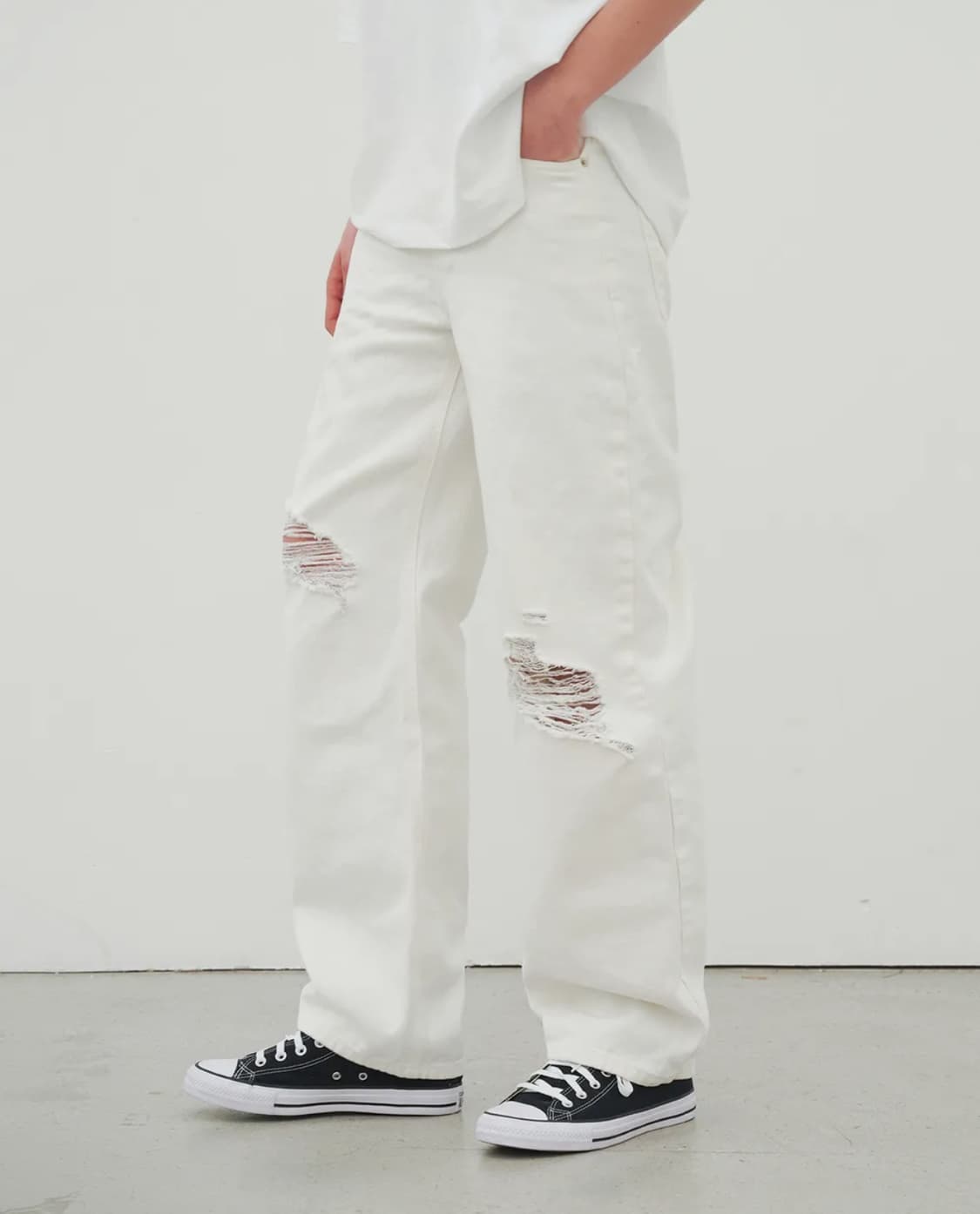 후러브스아트 세미 와이드 디스트로이드 데님 팬츠 크림 청바지 XS 상품이미지1