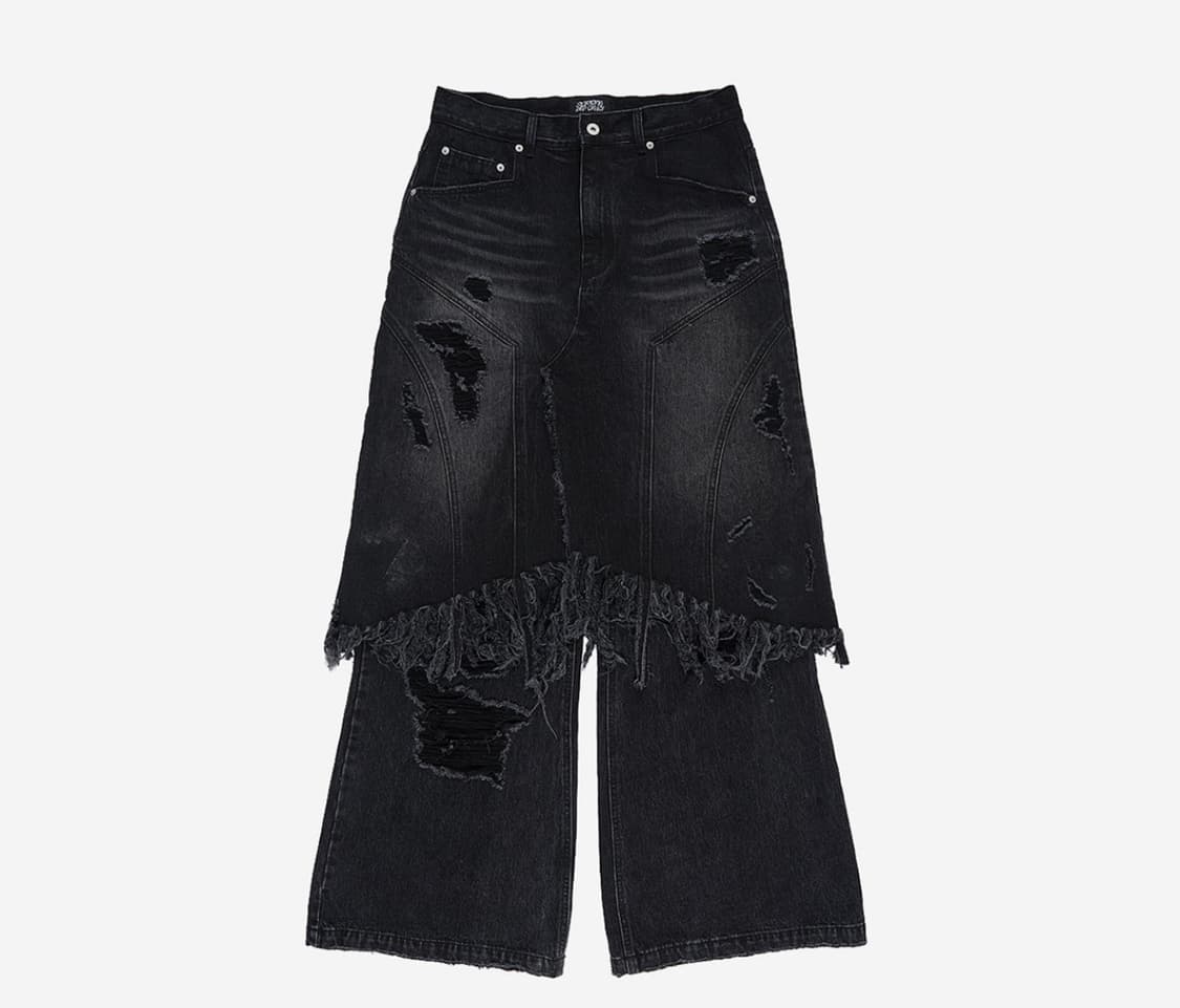 선데이오프클럽 레이어드 스커트 플레어드 데님 진 워시드 블랙 상품이미지1