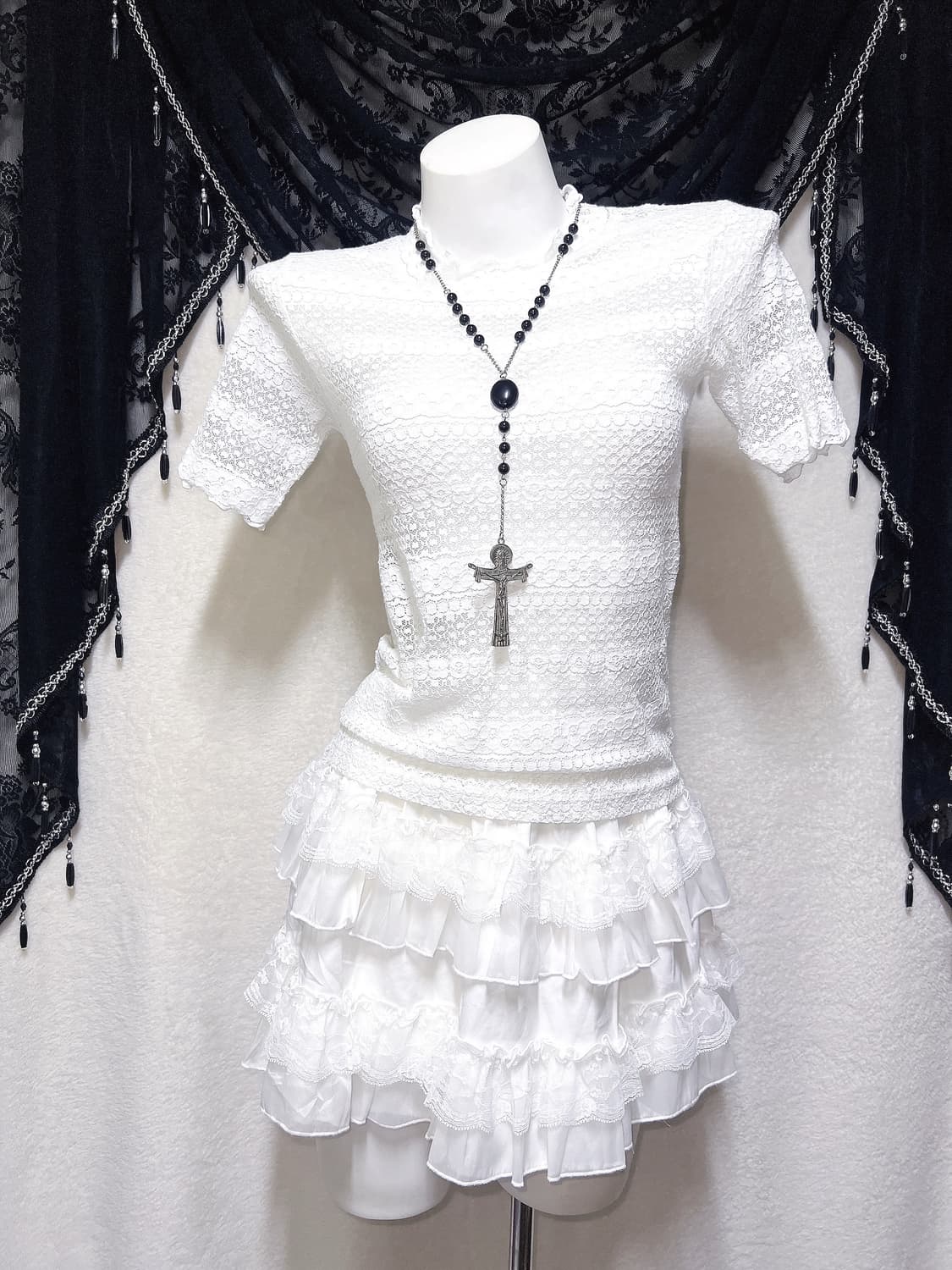로맨틱고딕 엔젤릭 고스로리타 화이트 레이스 시스루 블라우스 로걀탑 핀터 상품이미지6