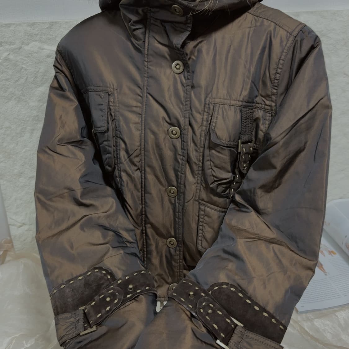 빈티지 일본 초콜릿 나일론 황동 양두지퍼 되지가죽 라쿤퍼 후드 패딩 상품이미지2