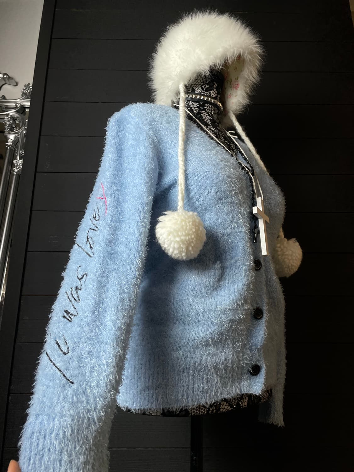 JPN 앙고라 퍼 레터링 하늘색 블루 가디건 상품이미지6