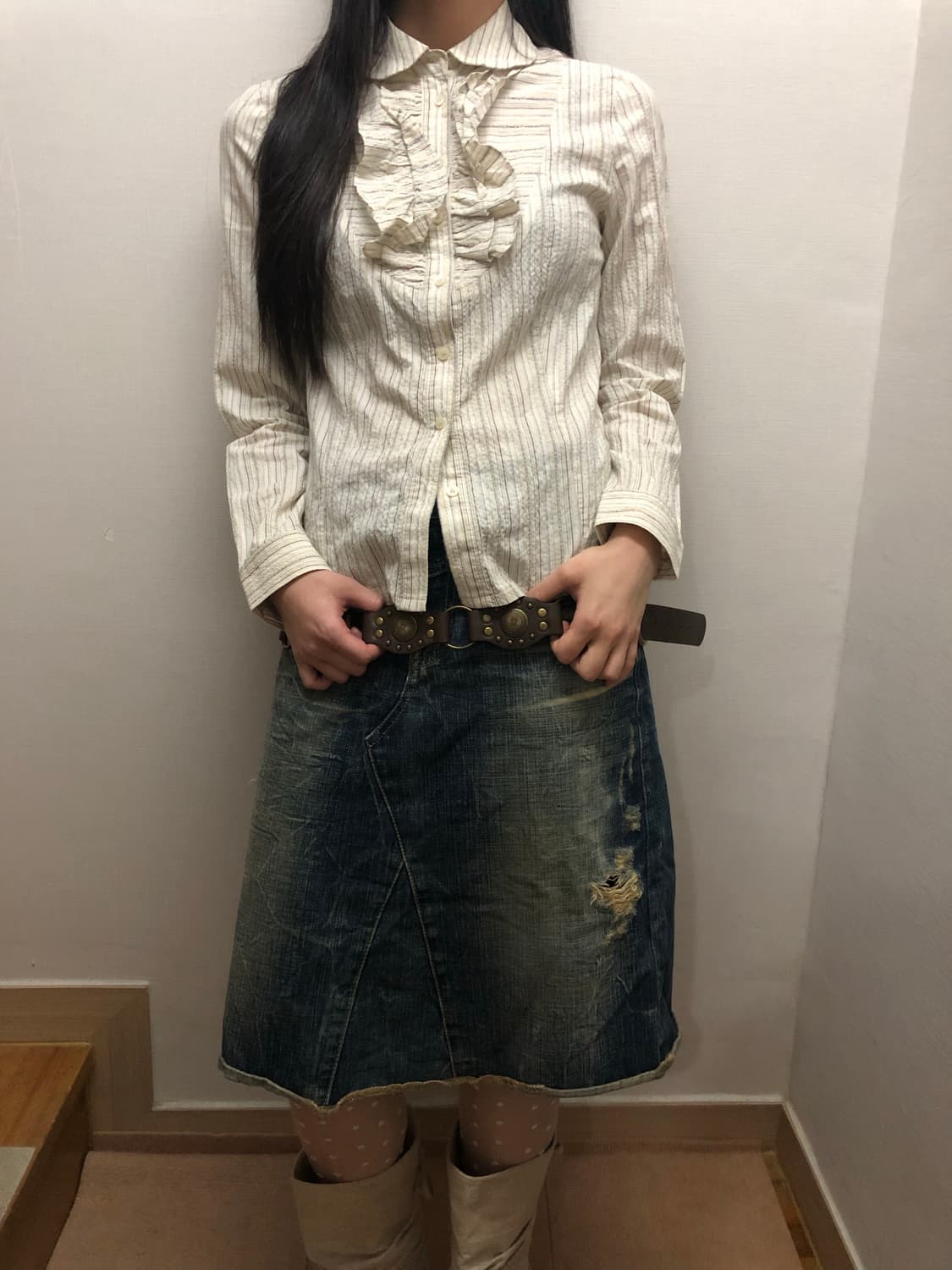 빈티지 데님 워싱 미디 스커트 상품이미지8