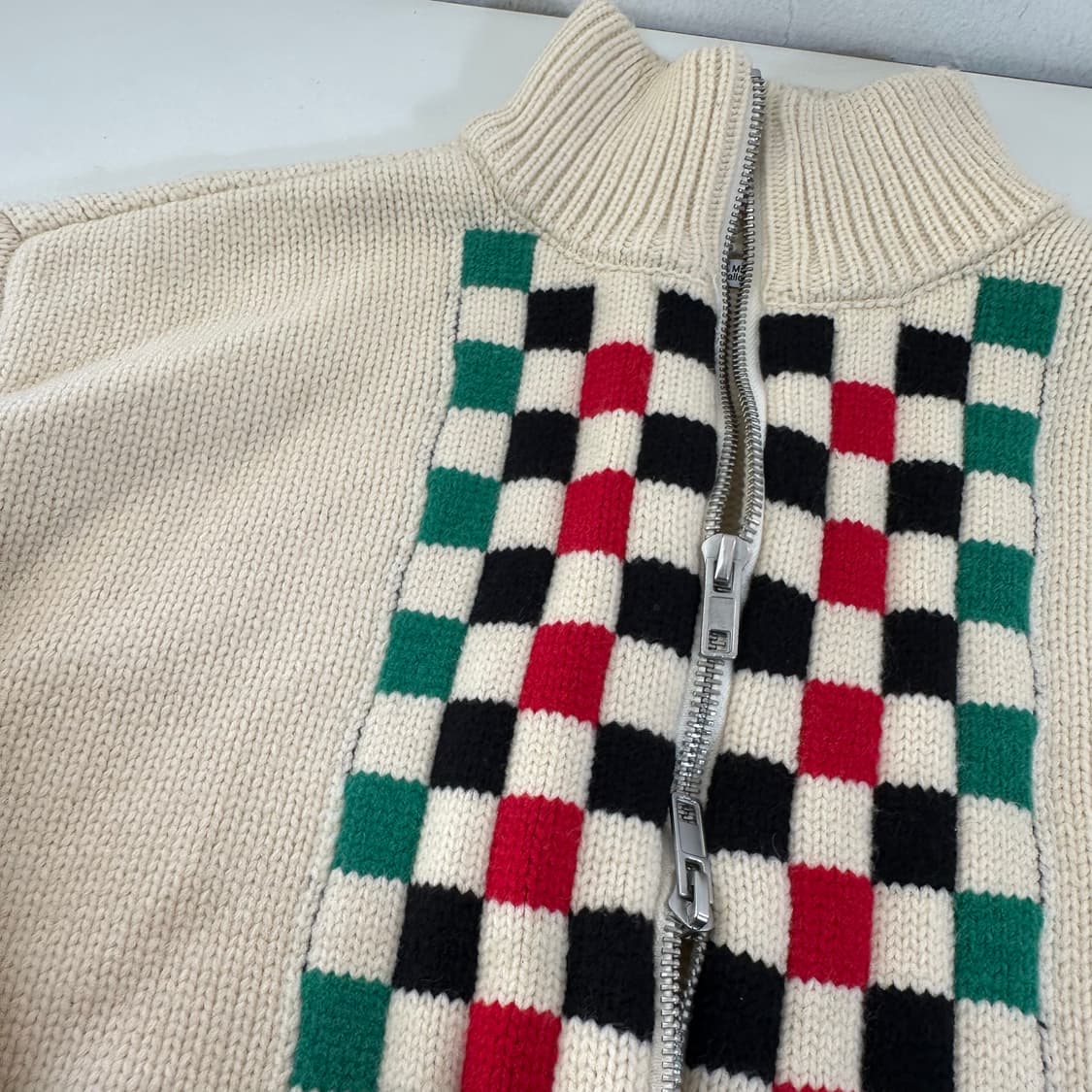 L BALLOW 아이보리 체크 투웨이 니트집업 상품이미지2