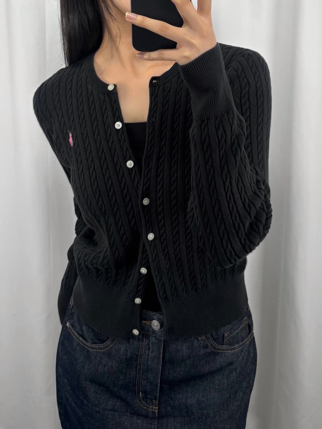 폴로 핑크 포니 블랙 꽈배기 가디건 상품이미지1