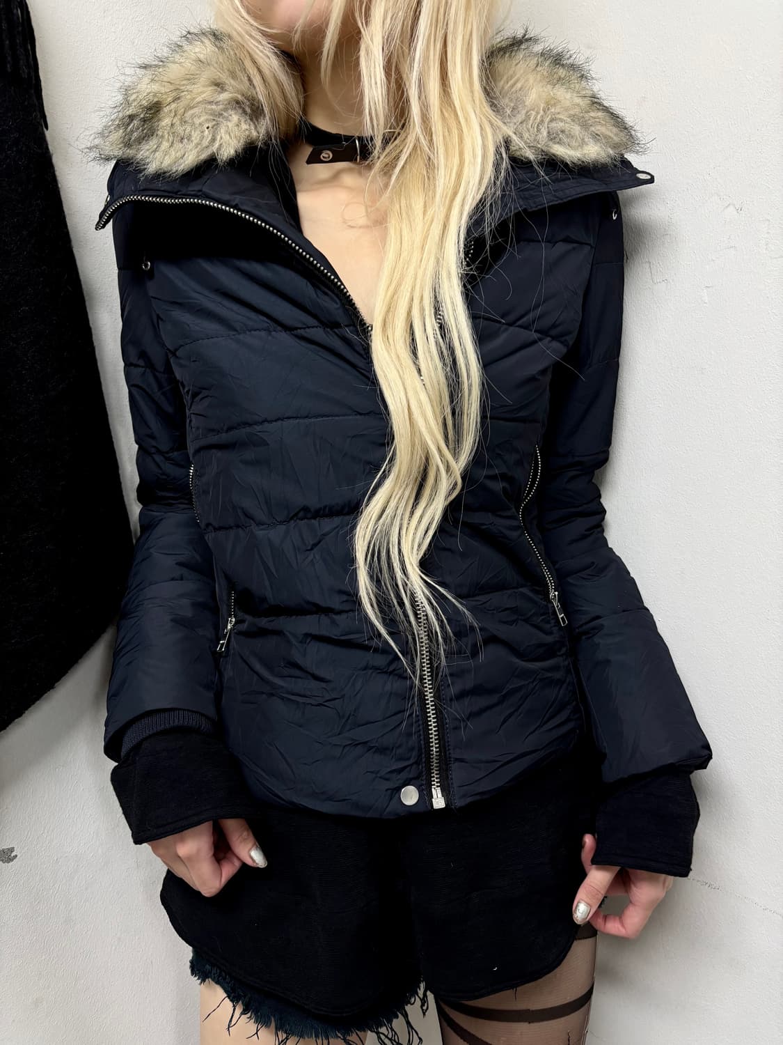 “Bershka” Fur Trimming Navy Padded Jacke 상품이미지9