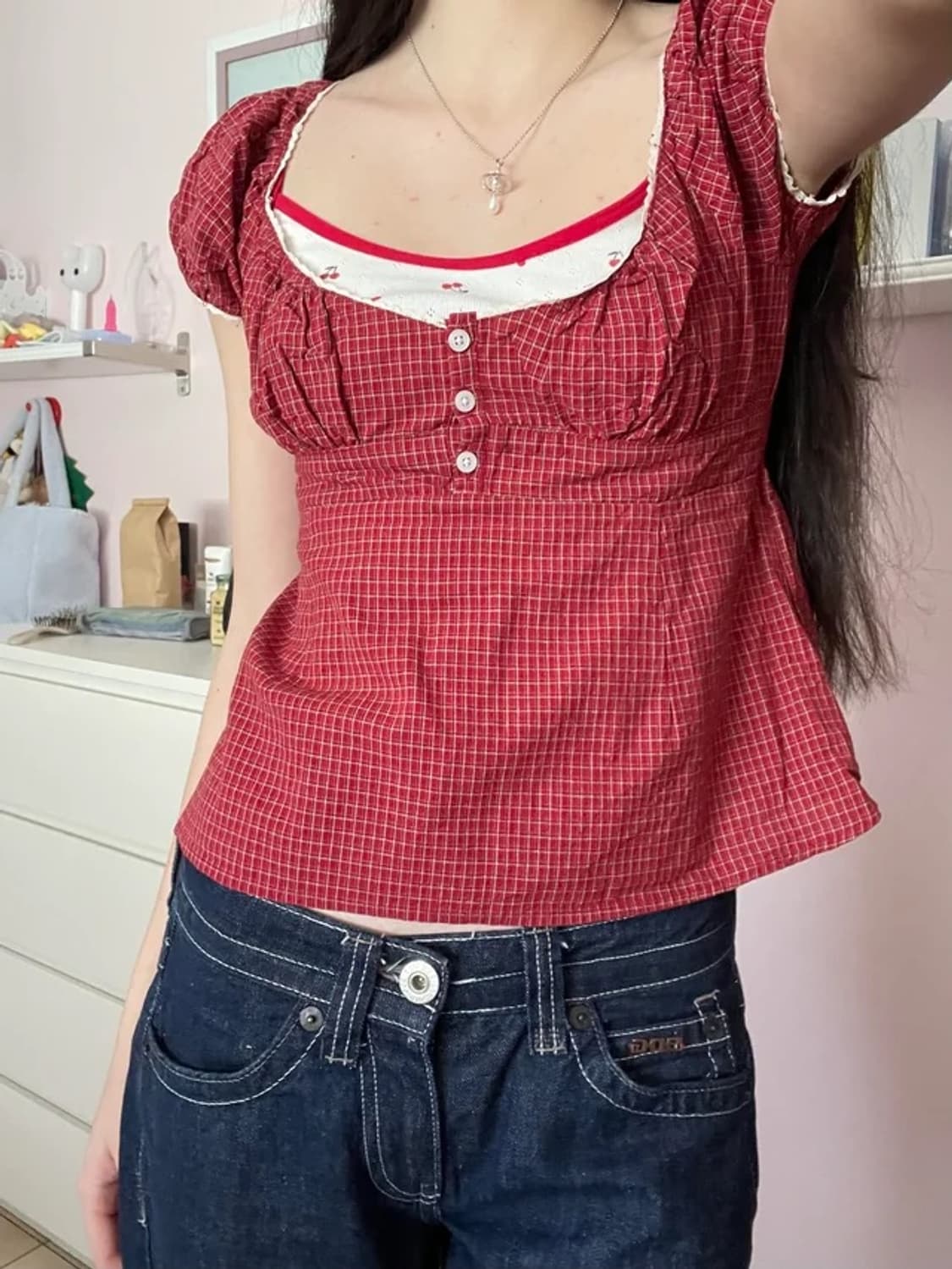 브랜디멜빌 블레어 탑 체크 버튼 반팔 블라우스 상품이미지3