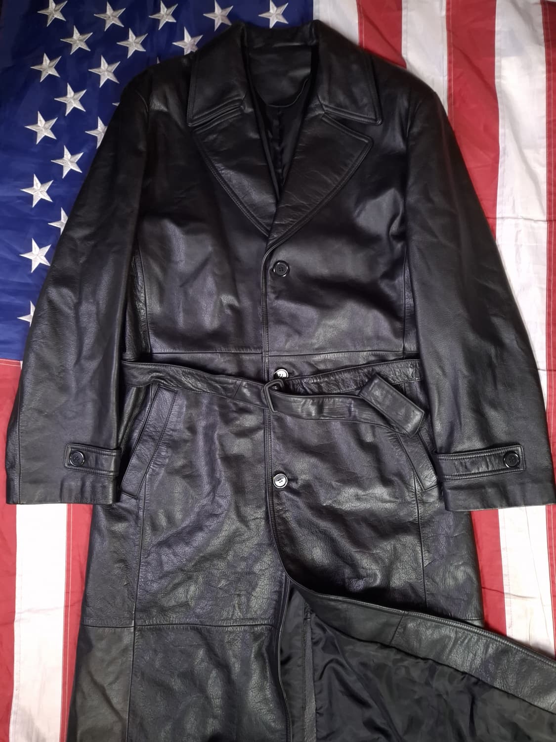 90's 새제품 국내산 리얼레더 싱글 바바리 트렌치코트 상품이미지2