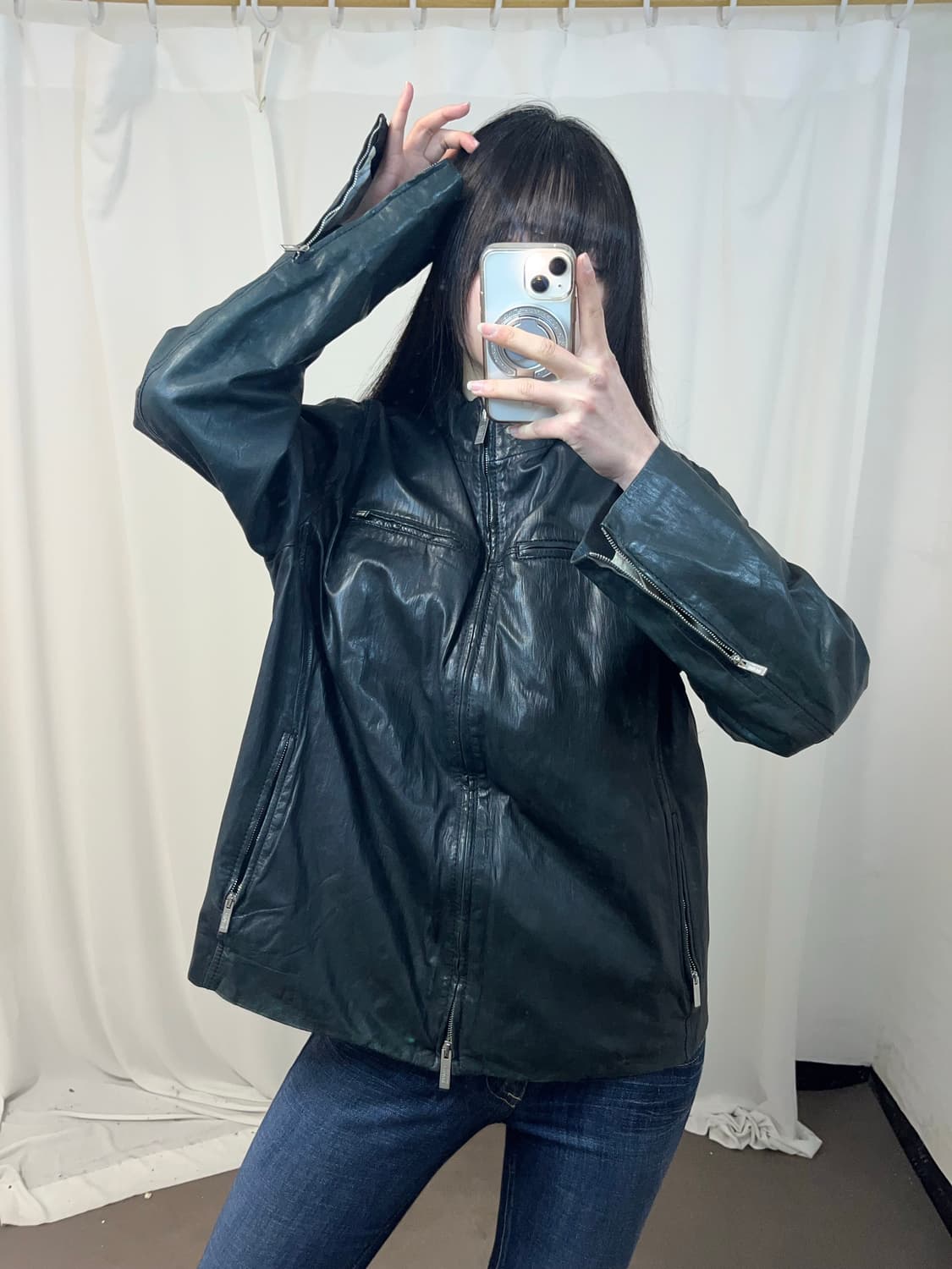 Armani 다크 카키 레더 자켓 상품이미지7