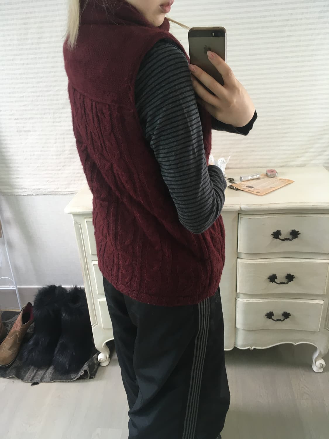 jpn vintage 레드 와인 꽈배기 니트 베스트 상품이미지2