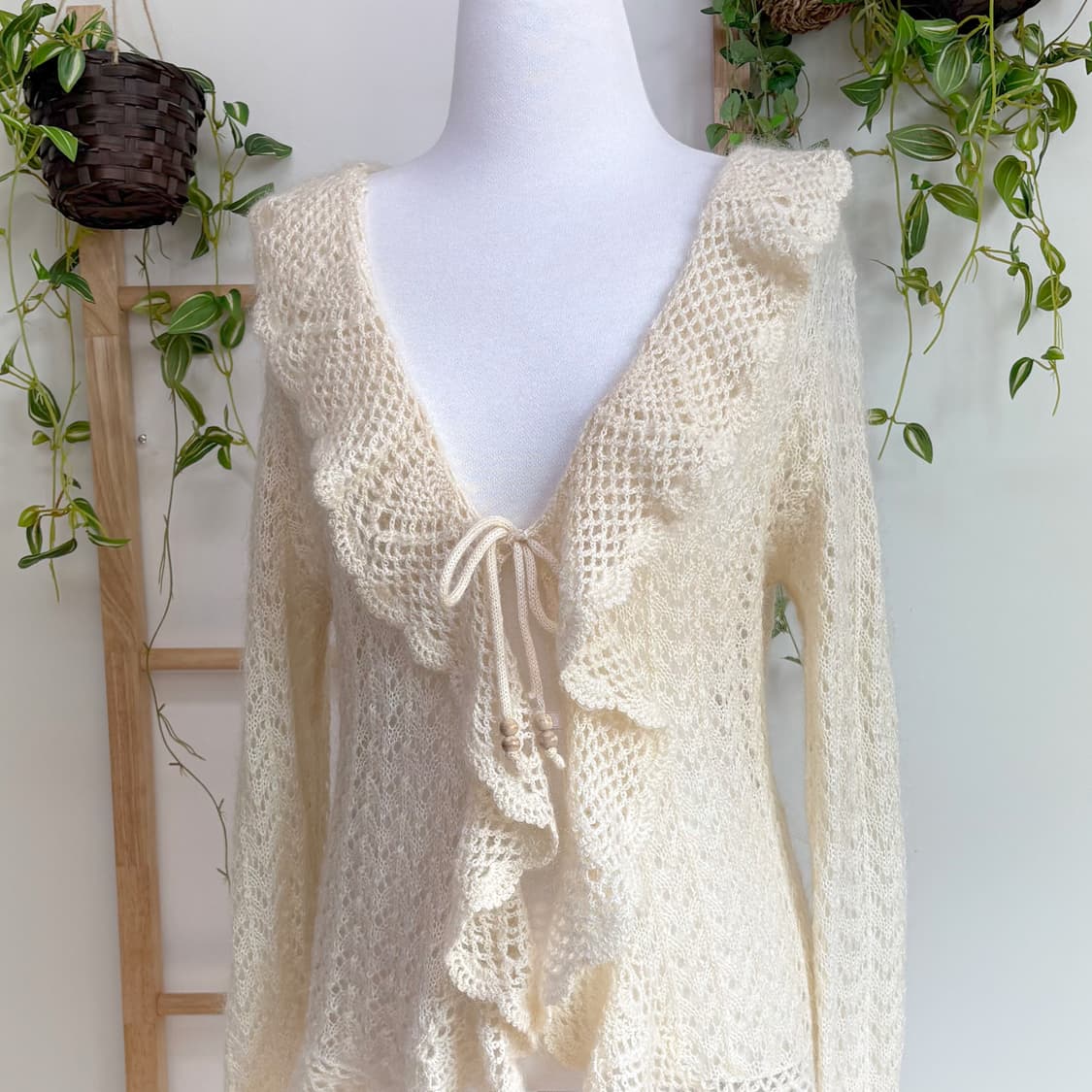 JPN/ 아이보리 레이스 뜨개 가디건 페미닌가디건 페어리가디건 러플가디건 상품이미지3