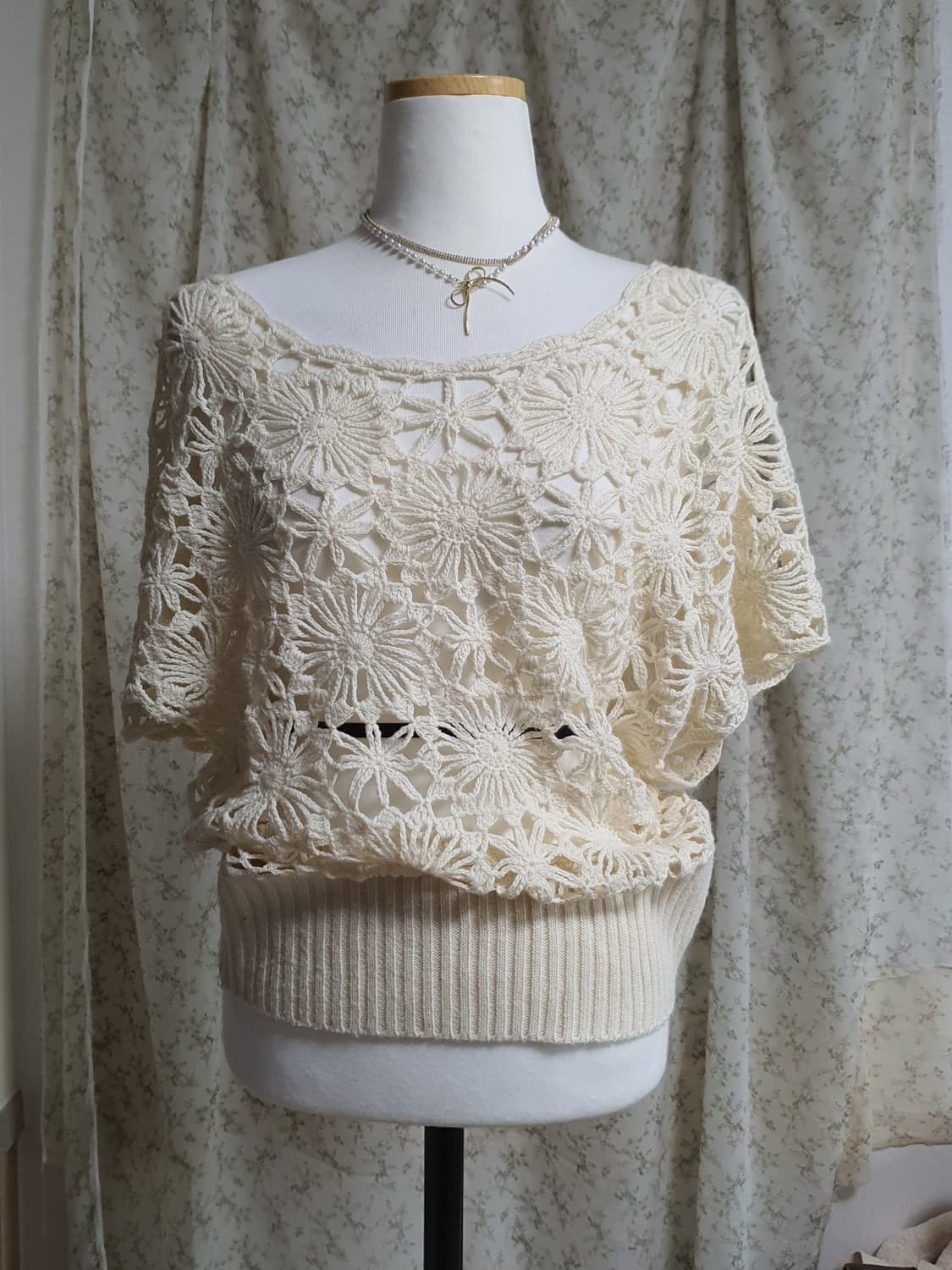 [일본빈티지] 아이보리색 크로셰 뜨개 반팔 셔츠 상품이미지1