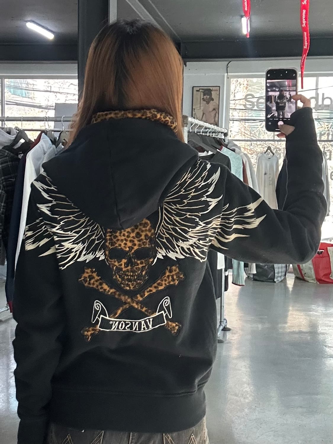 벤슨 넥핸드워머 레오파드 스컬윙 후드집업 상품이미지2