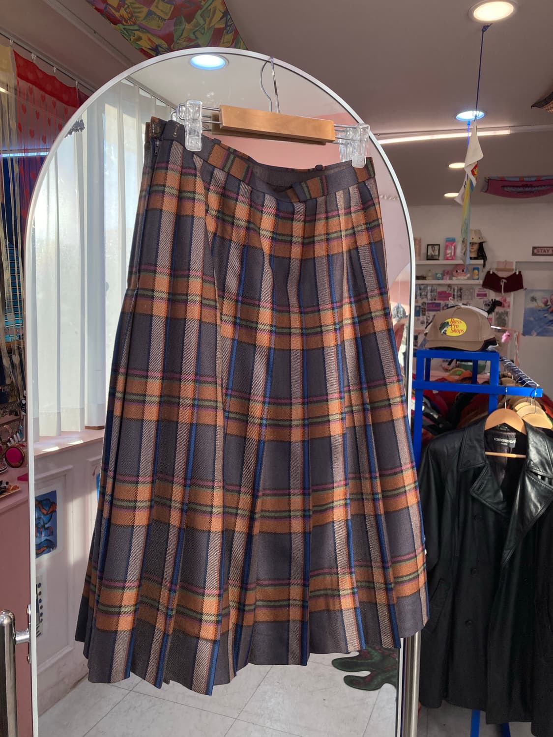 빈티지 울 브라운 체크 플리츠 미디 스커트 상품이미지1