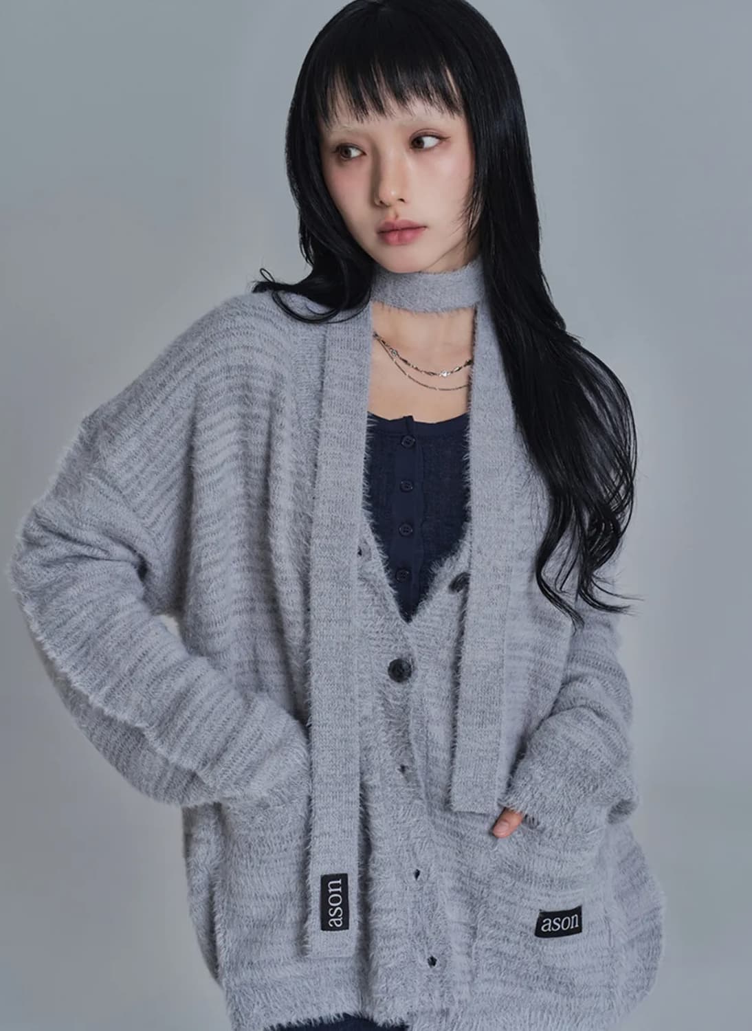 애즈온 luca tie cardigan grey 상품이미지1