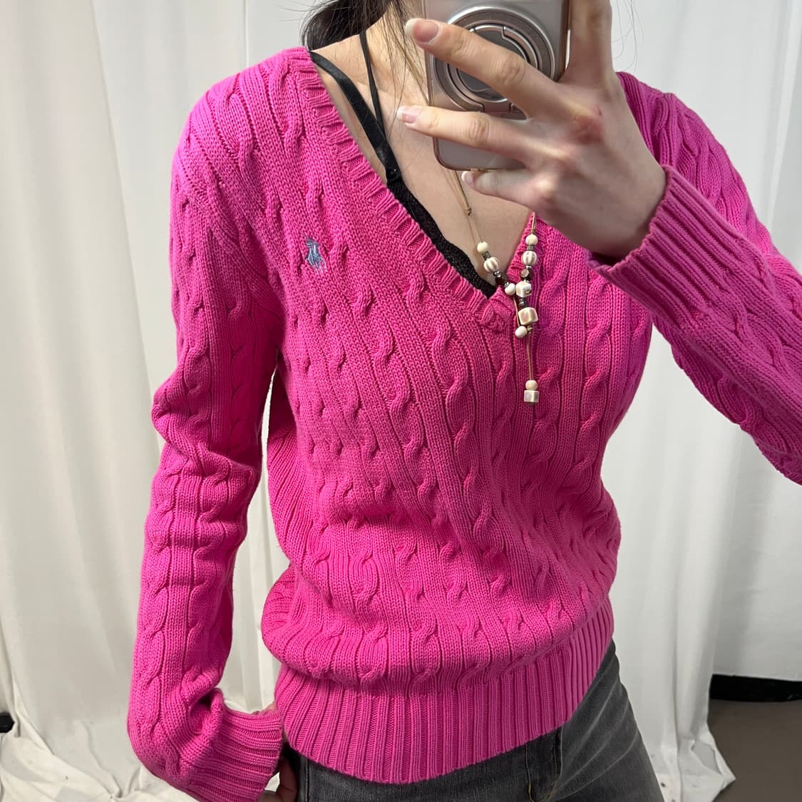 Polo Pink V-Neck Cable Knit 상품이미지3