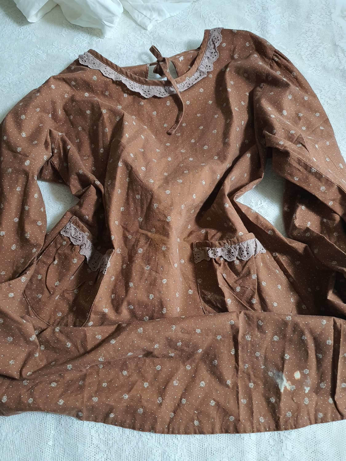 [빈티지] 브라운 잔꽃무늬 레이스 롱 원피스 앞치마 상품이미지6