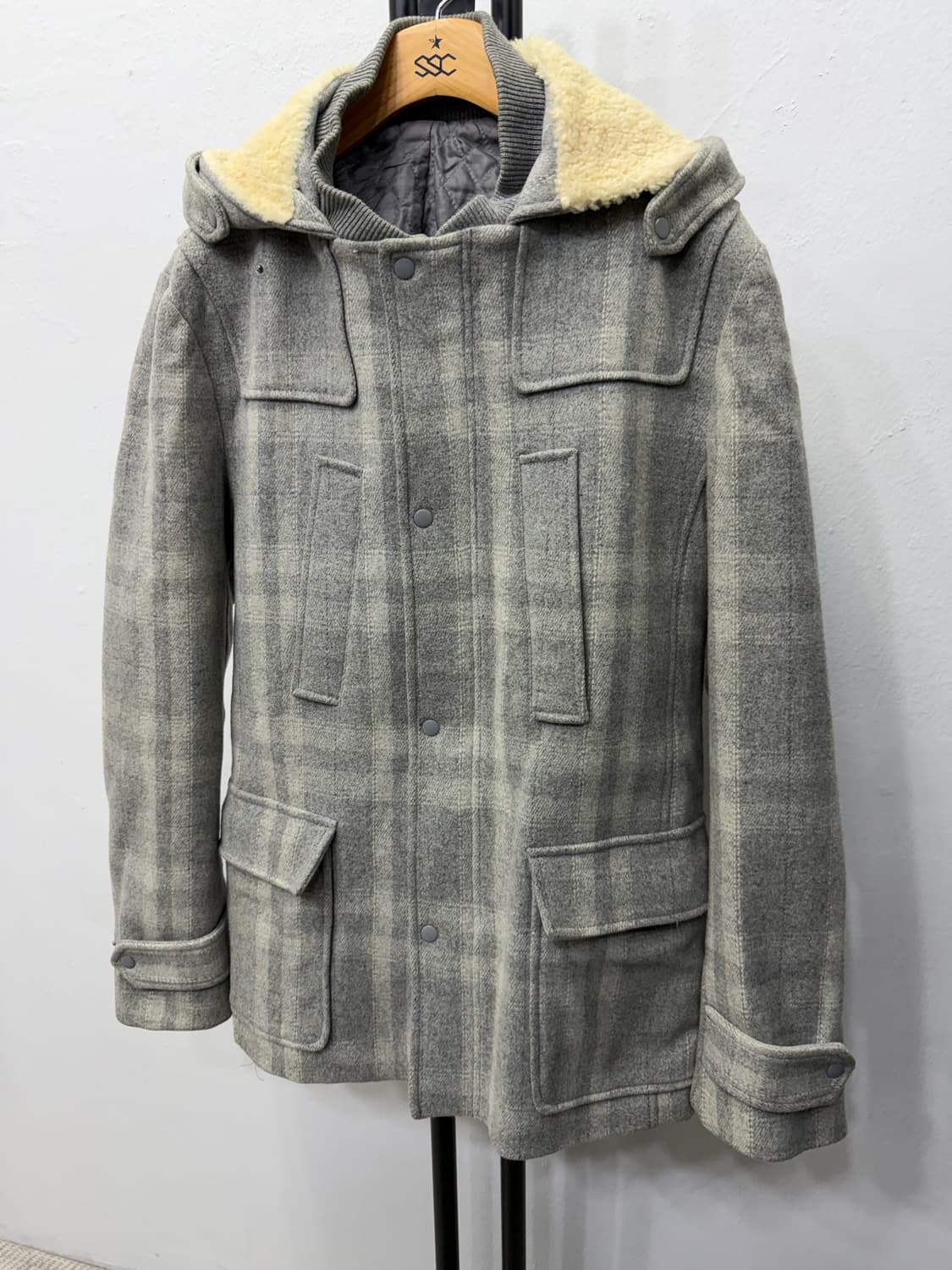 정품) 시스템옴므 체크 양털 카라 자켓 100 상품이미지3