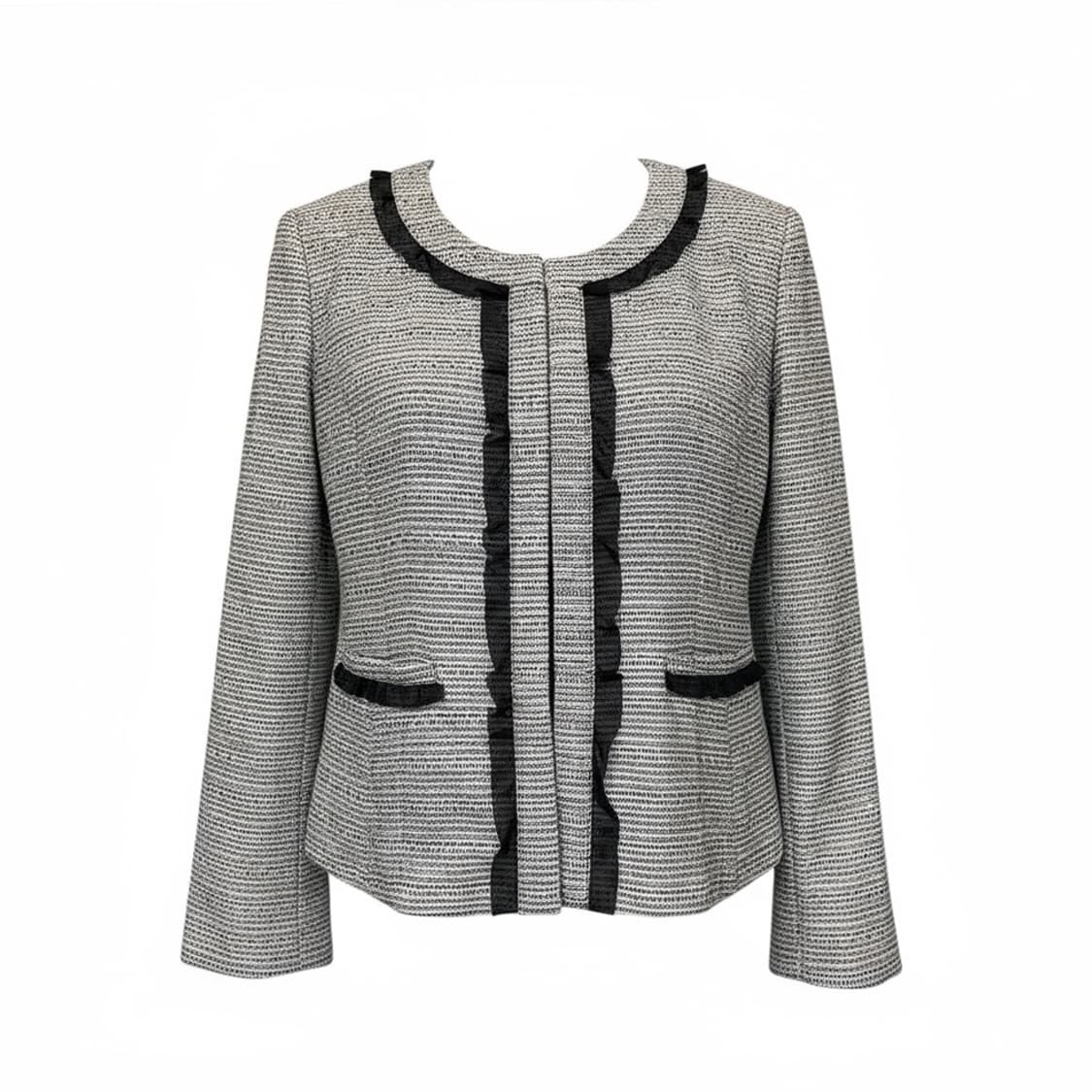 JPN VINTAGE 크롭 트위드자켓 투포켓 넥라인 러플 디테일 그레이 상품이미지1