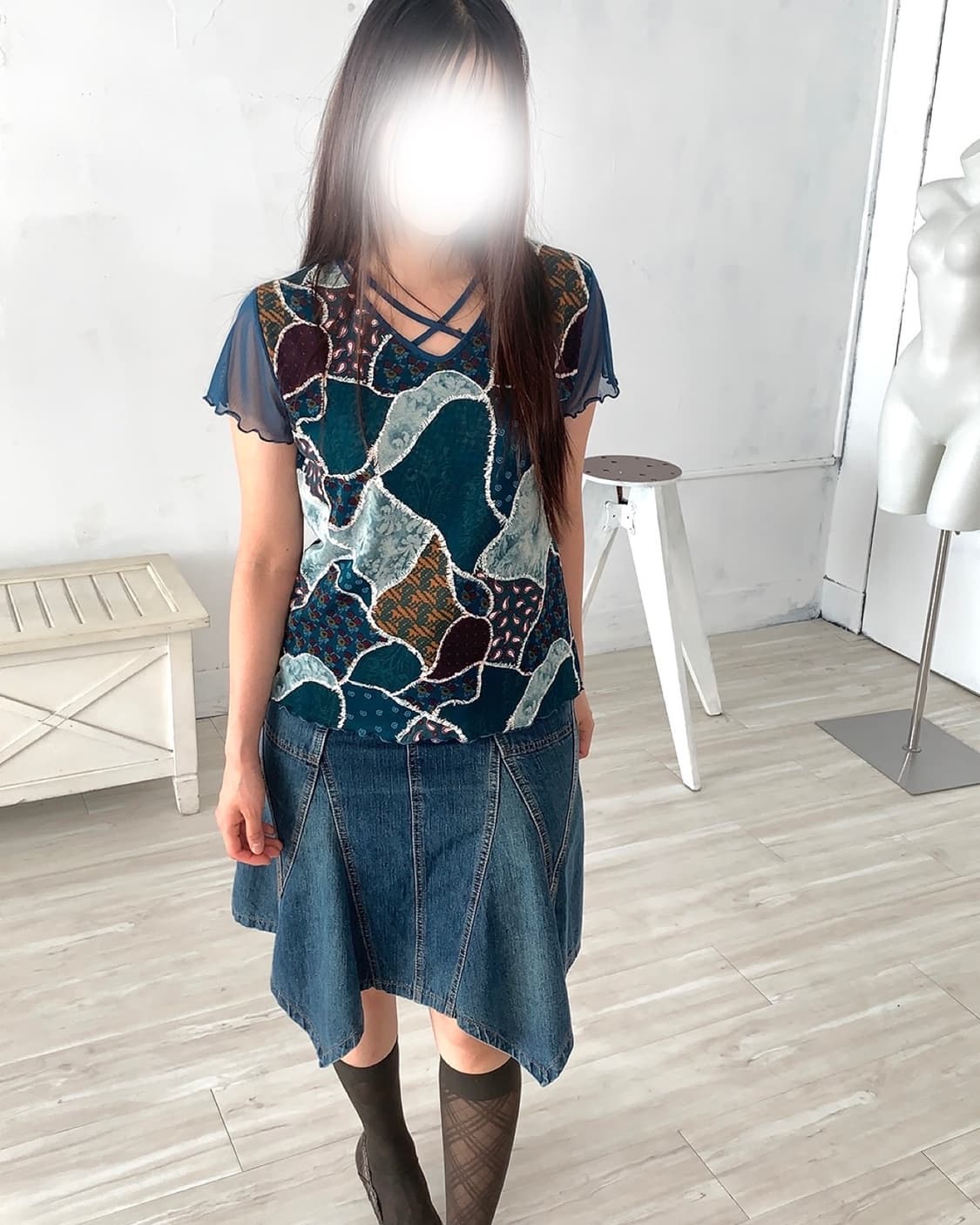 Teal Blue Designed Mesh Short Sleeve Top 상품이미지2