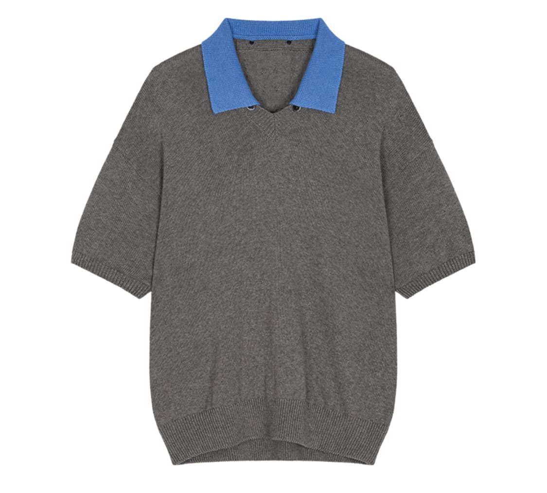 (3)웨이비니스 토글드 페탈 카라 브이넥 하프 니트 그레이 블루 상품이미지1