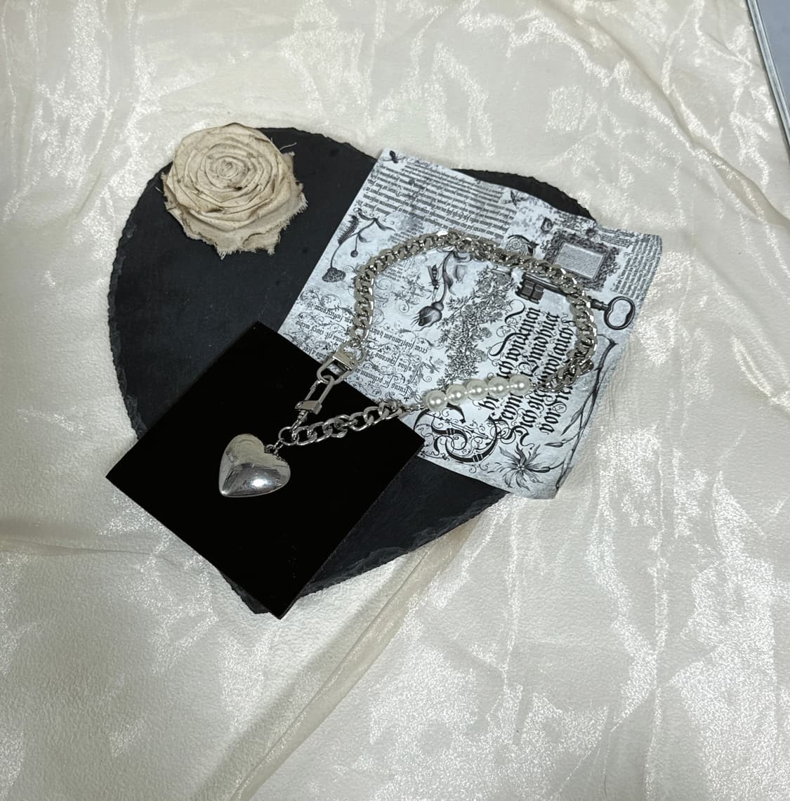 빈티지 고딕 진주 하트 열쇠 고리 목걸이 상품이미지2