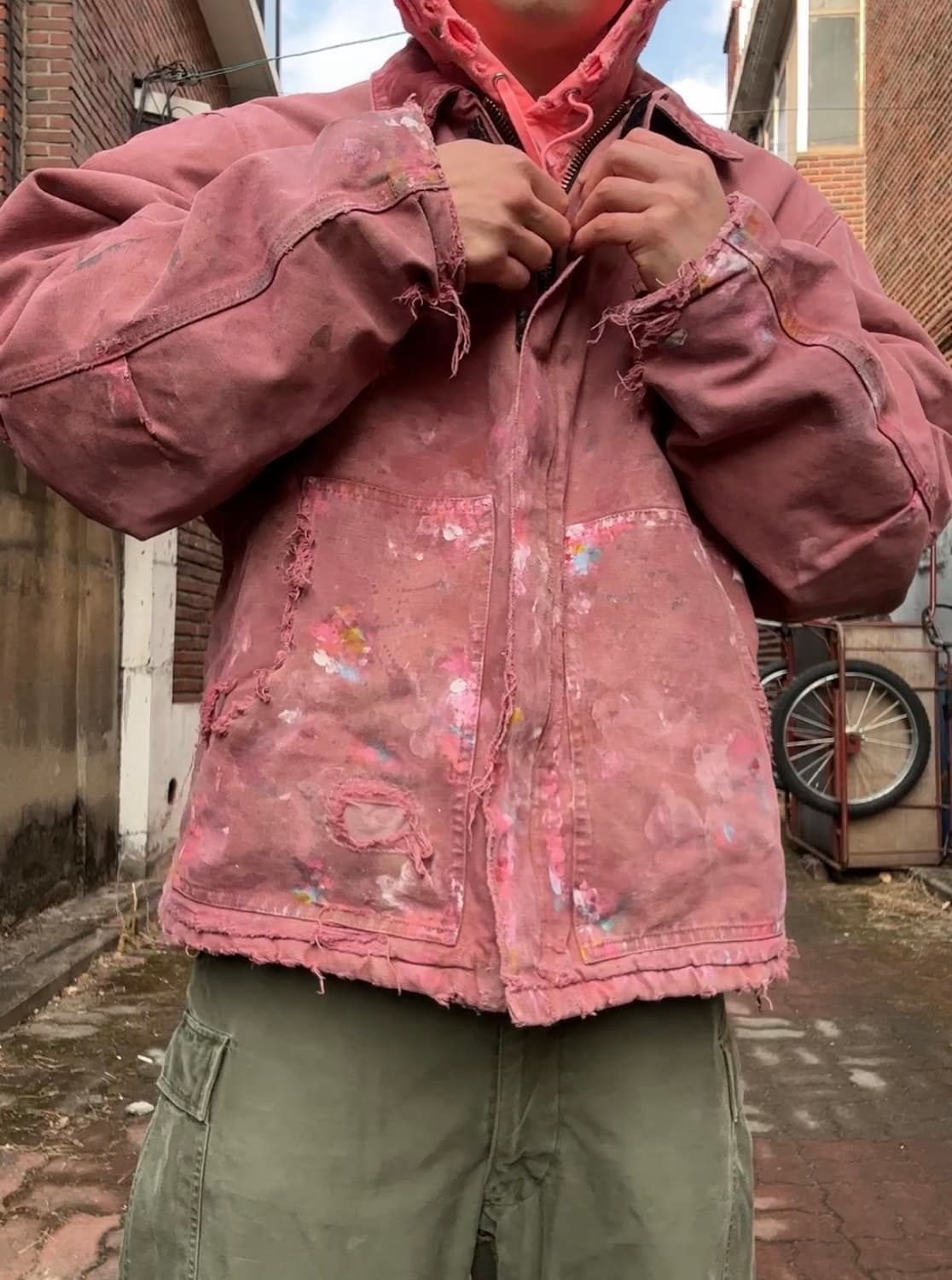 빈티지 칼하트 j22 디스트레스드 페인팅 핑크다잉 자켓 상품이미지6