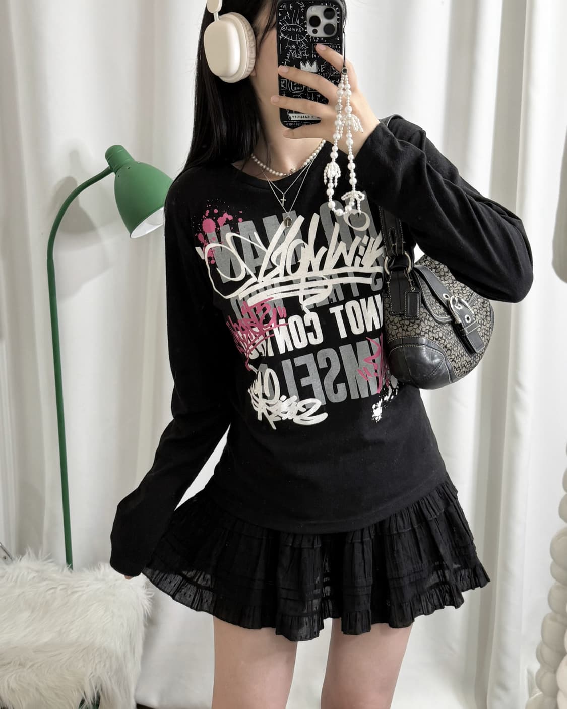 블랙 펑크 프린팅 오버핏 롱 슬리브 티셔츠 상품이미지2