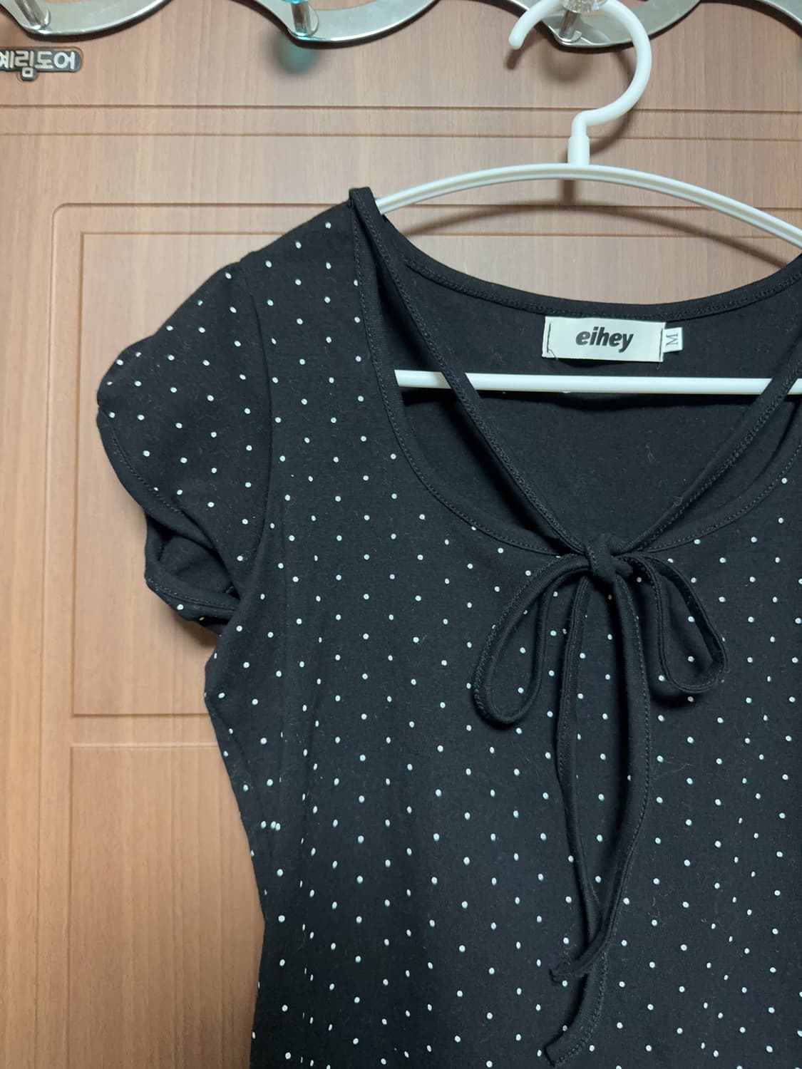 모리걸 하구미 에이블리 빈티지 블랙 도트 퍼프 끈 리본 반팔 블라우스 상품이미지2