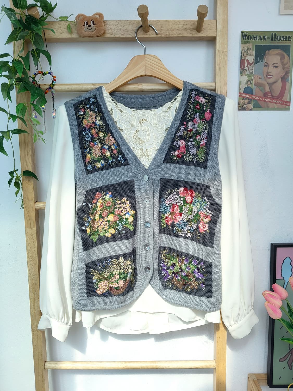 비즈 플라워 자수 빈티지 니트 베스트 상품이미지1