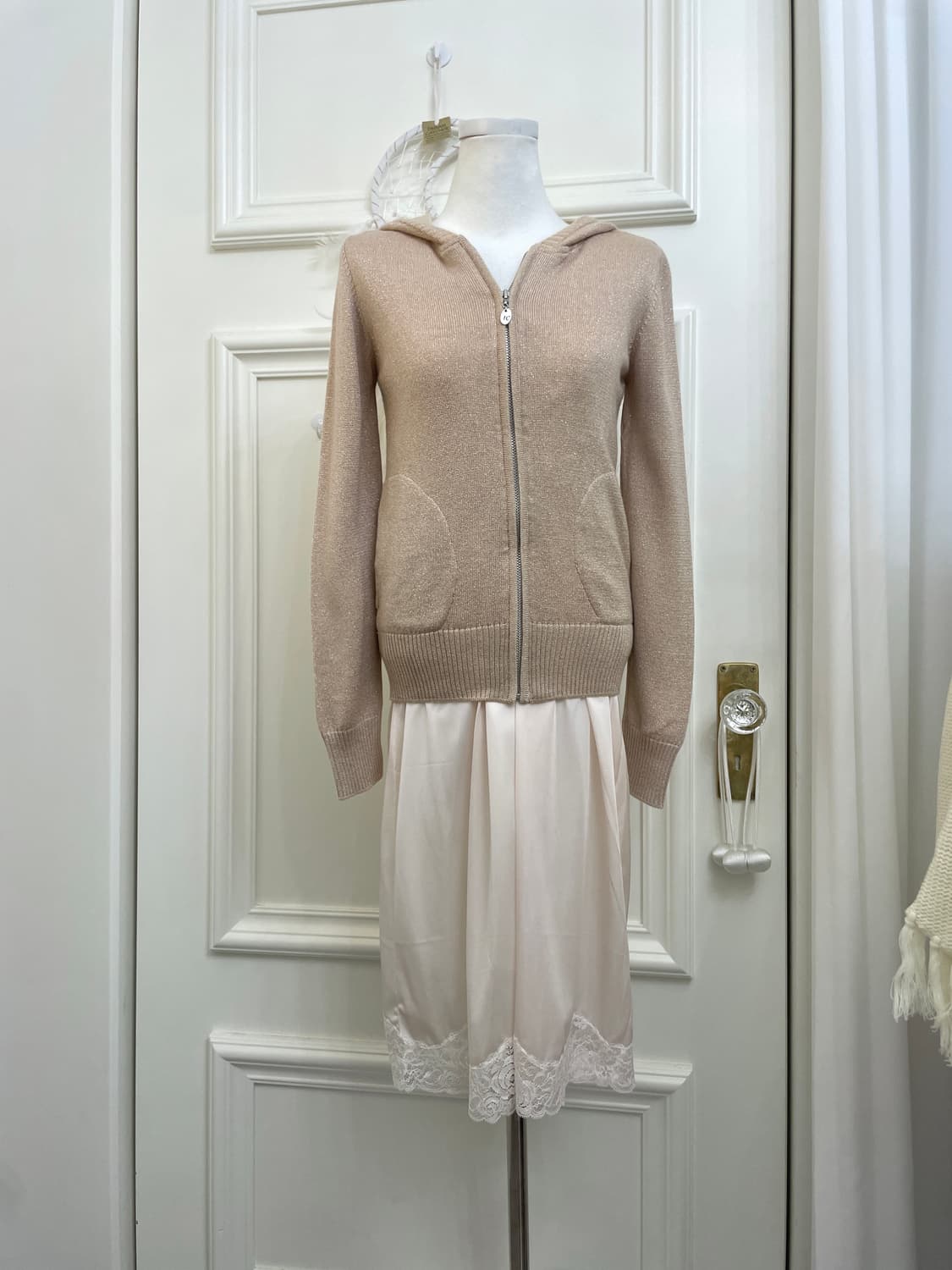 pink beige glitter pocket hoodie-zip 상품이미지2