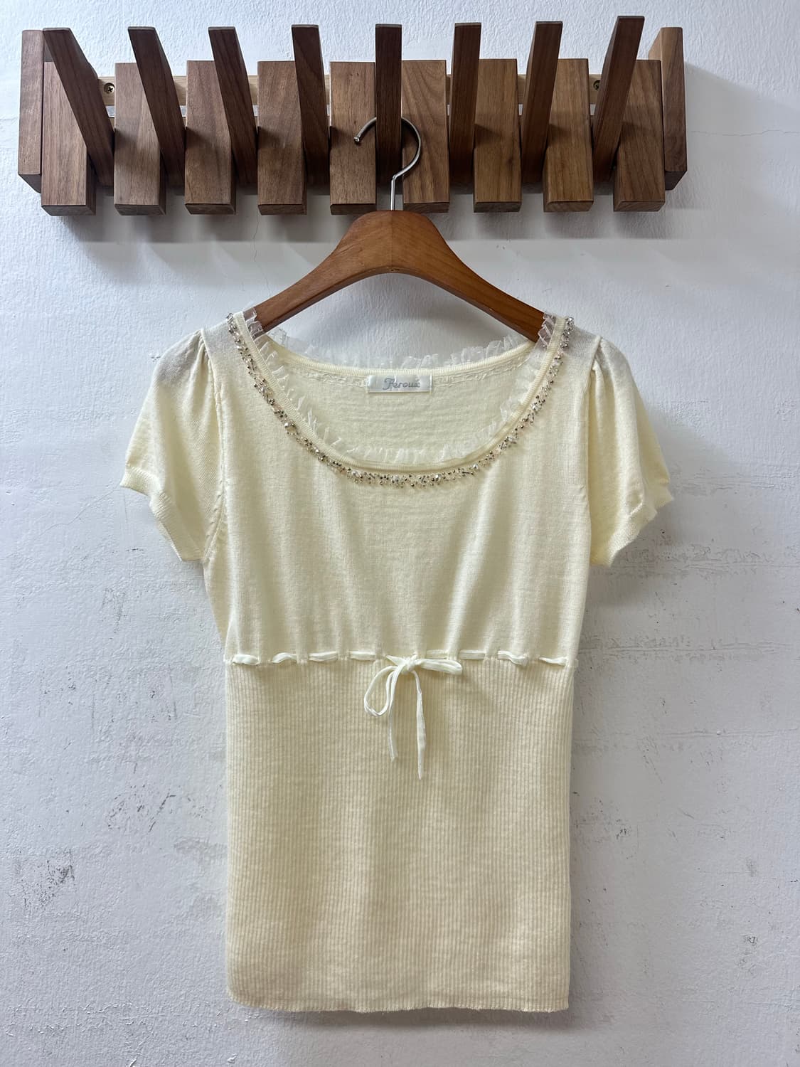 일본빈티지 FEROUX 울 100% 비즈 디테일 반팔 니트 탑 상품이미지1