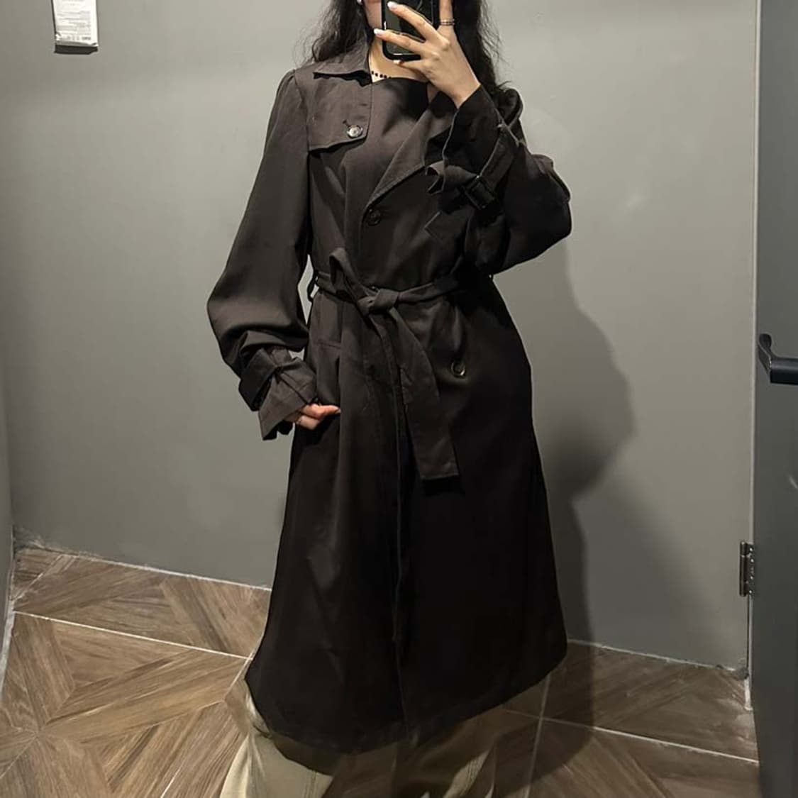 JPN VINTAGE 더블 트렌치 롱코트 벨티드 투포켓 디테일 브라운 상품이미지8