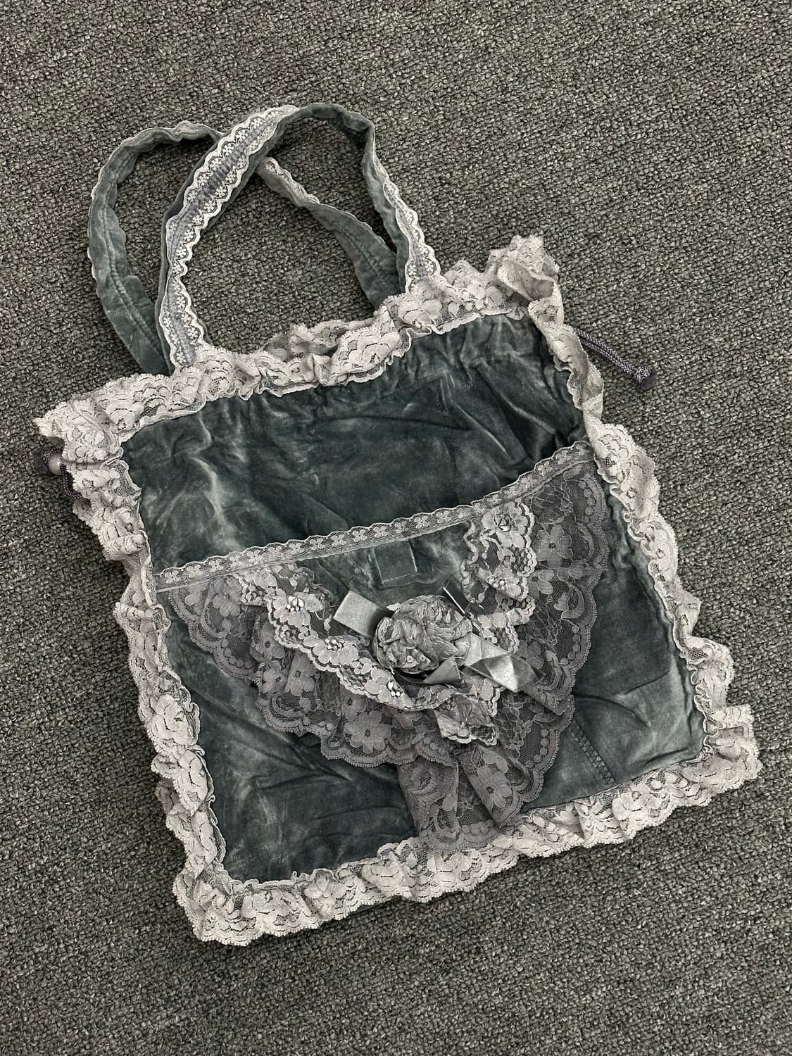 재패니즈 빈티지 모리 레이스 스트링 벨벳 토트백 상품이미지1