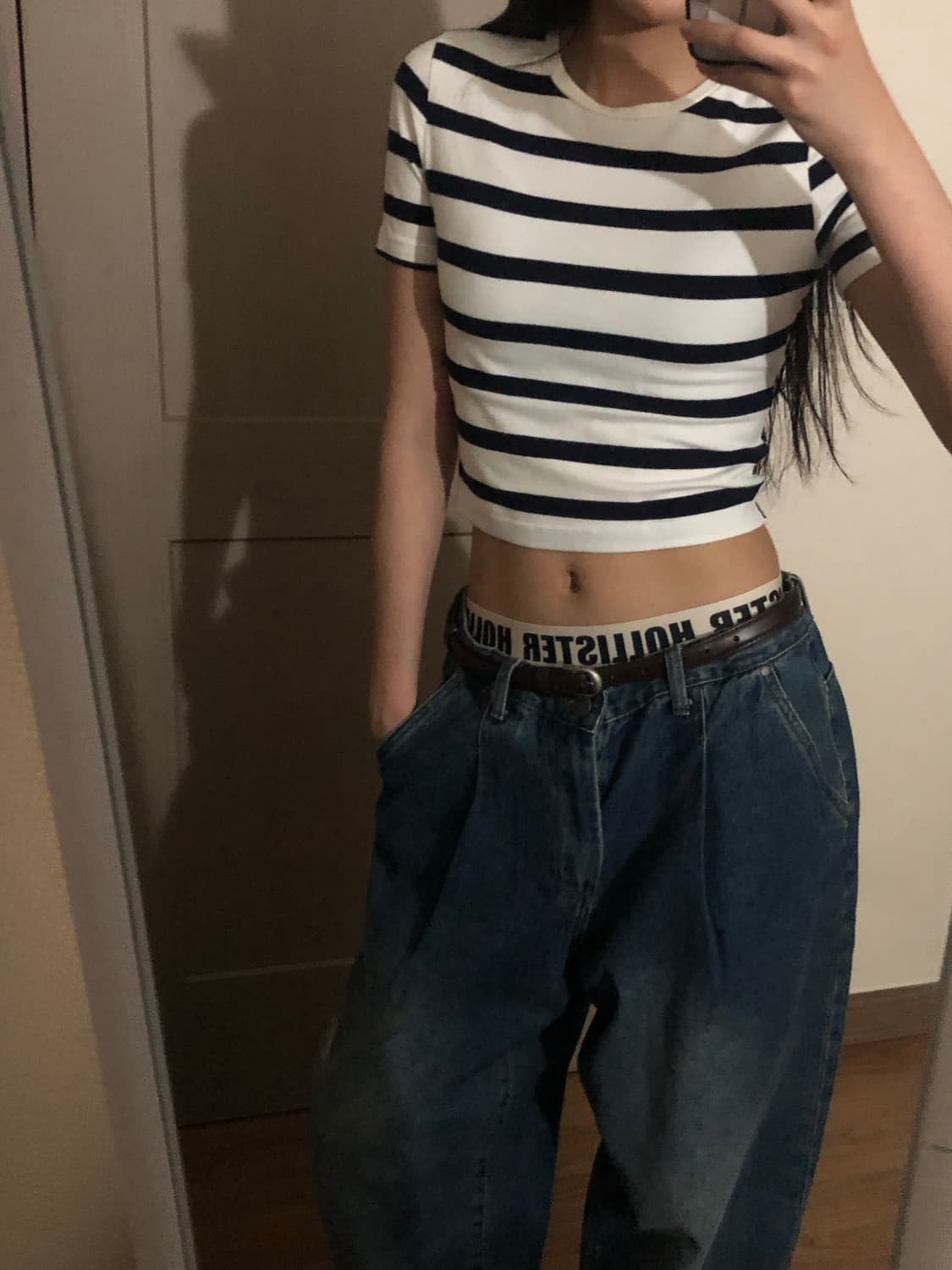 자라 스트라이프 크롭 면 반팔티 화이트/네이비 상품이미지3