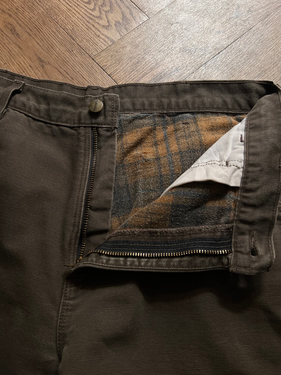 [34]칼하트 Made in USA 다크브라운 체크라이닝 카펜터 워크팬츠 상품이미지3