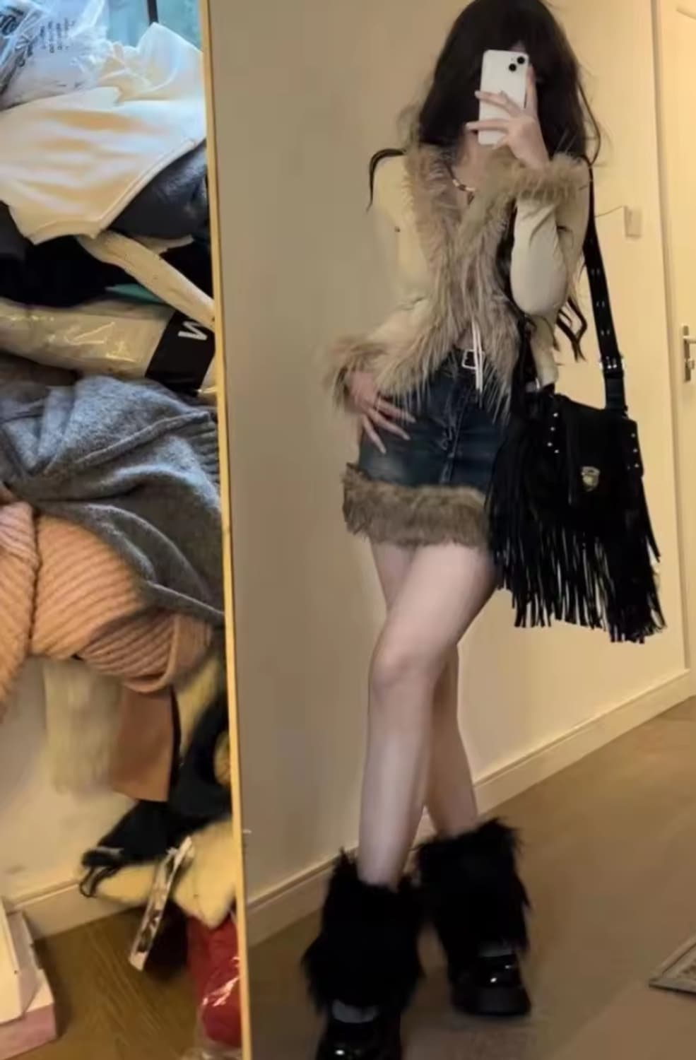 오네갸루 퍼 가디건 데님 스커트 코디세트 새상품 상품이미지2