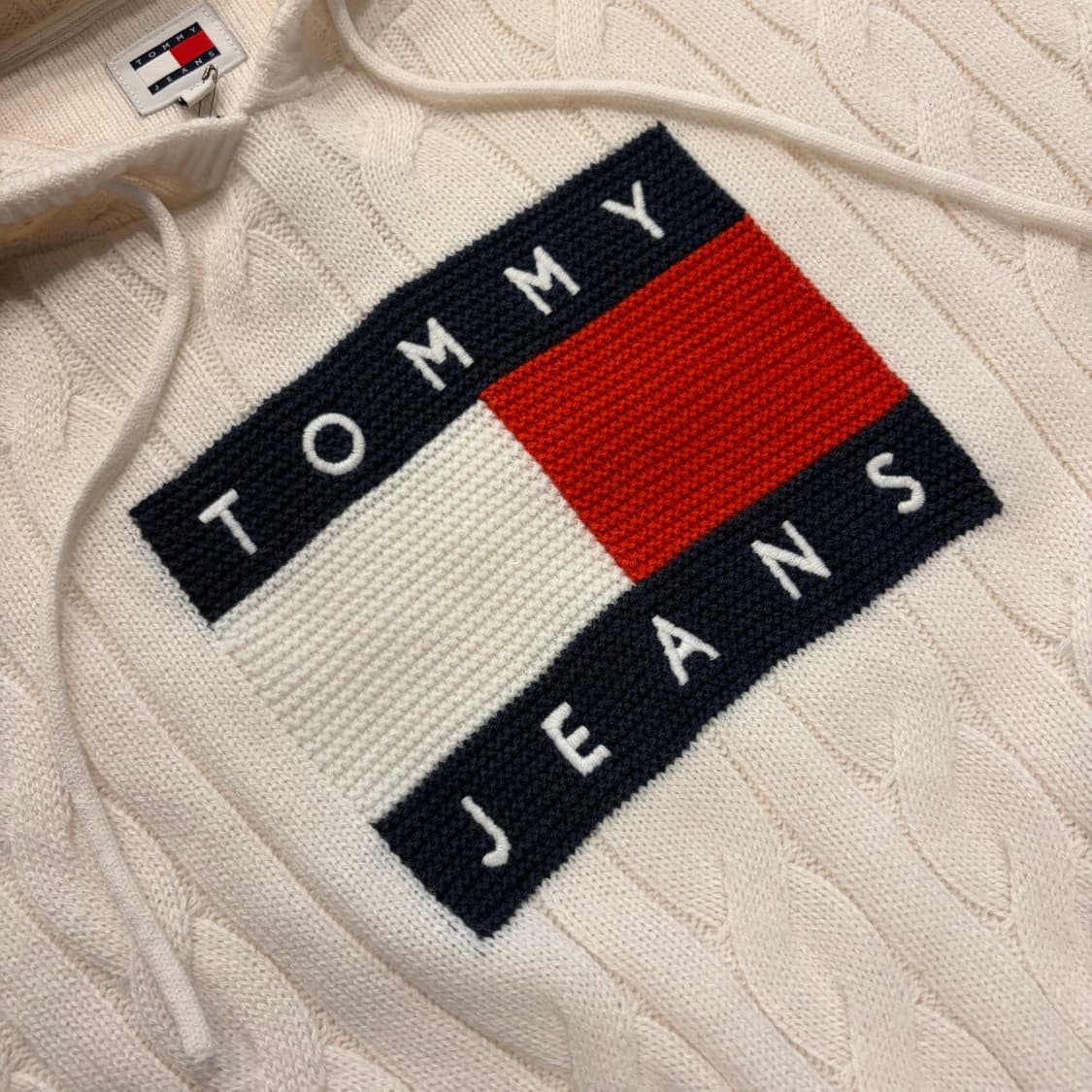 [M] 타미진스 빅로고 아이보리 화이트 케이블 니트 후드티 D804 상품이미지4